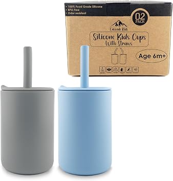 Silicone Toddler Smoothie Cups with Straw, Unbreakable Training Cup with Straw for Babies and Toddlers for less mess, BPA-Free Silicone Baby cup, 6+ Month, 6oz, 2 pack Blue/Grey