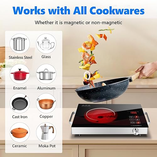Miniatura 5 de Placa eléctrica de un solo quemador de 1800 W, cocina infrarroja para cocinar estufa portátil, temperatura de placa calefactora compacta ajustable,