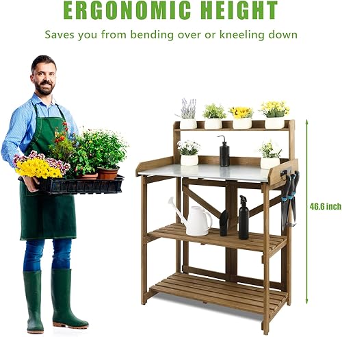 Miniatura 7 de PetsCosset Mesa de banco plegable para macetas de jardín, estación de trabajo de madera al aire libre con mesa de metal, estante de almacenamiento