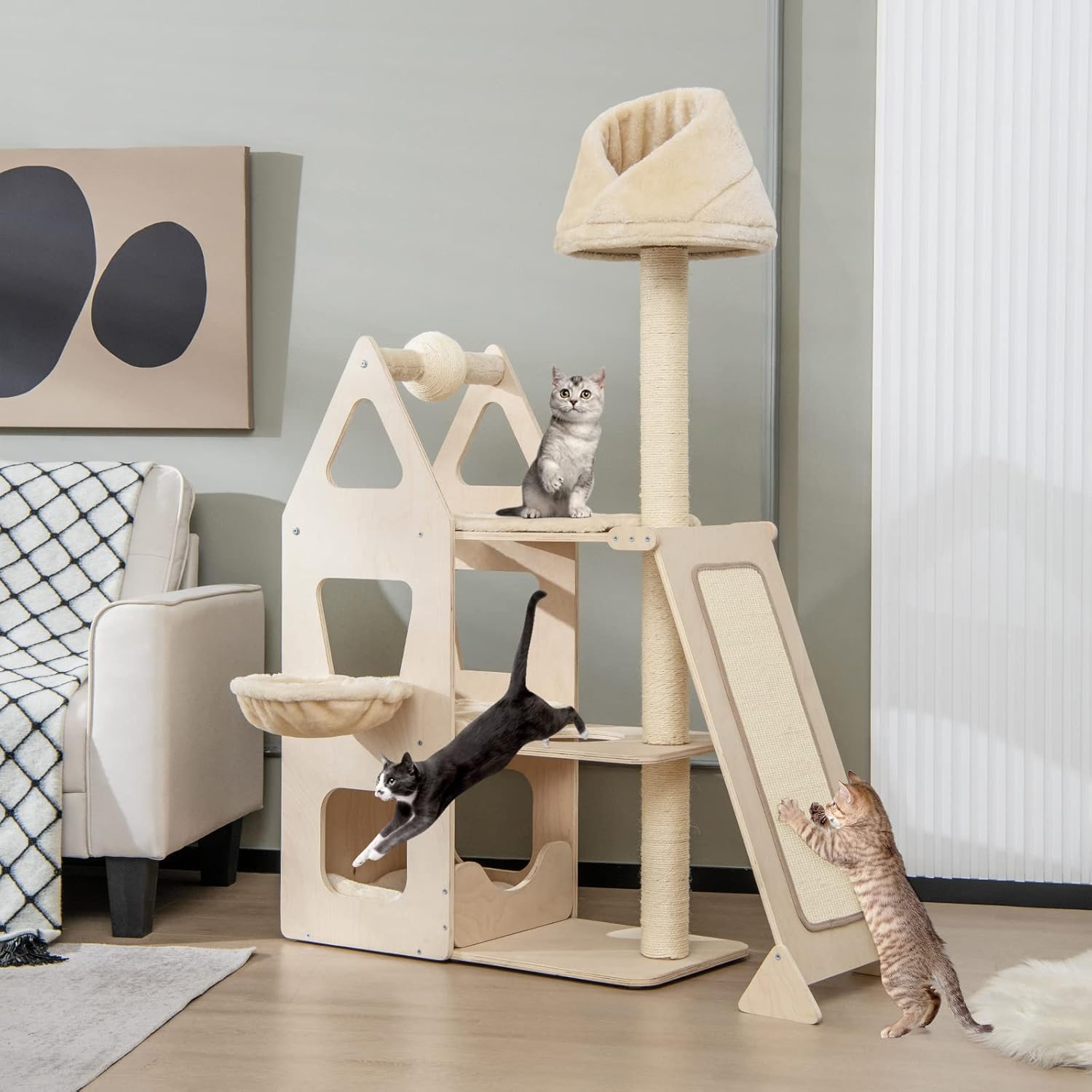 Tangkula Modern Wood Cat Tree for Indoor Cats, 64 Inch