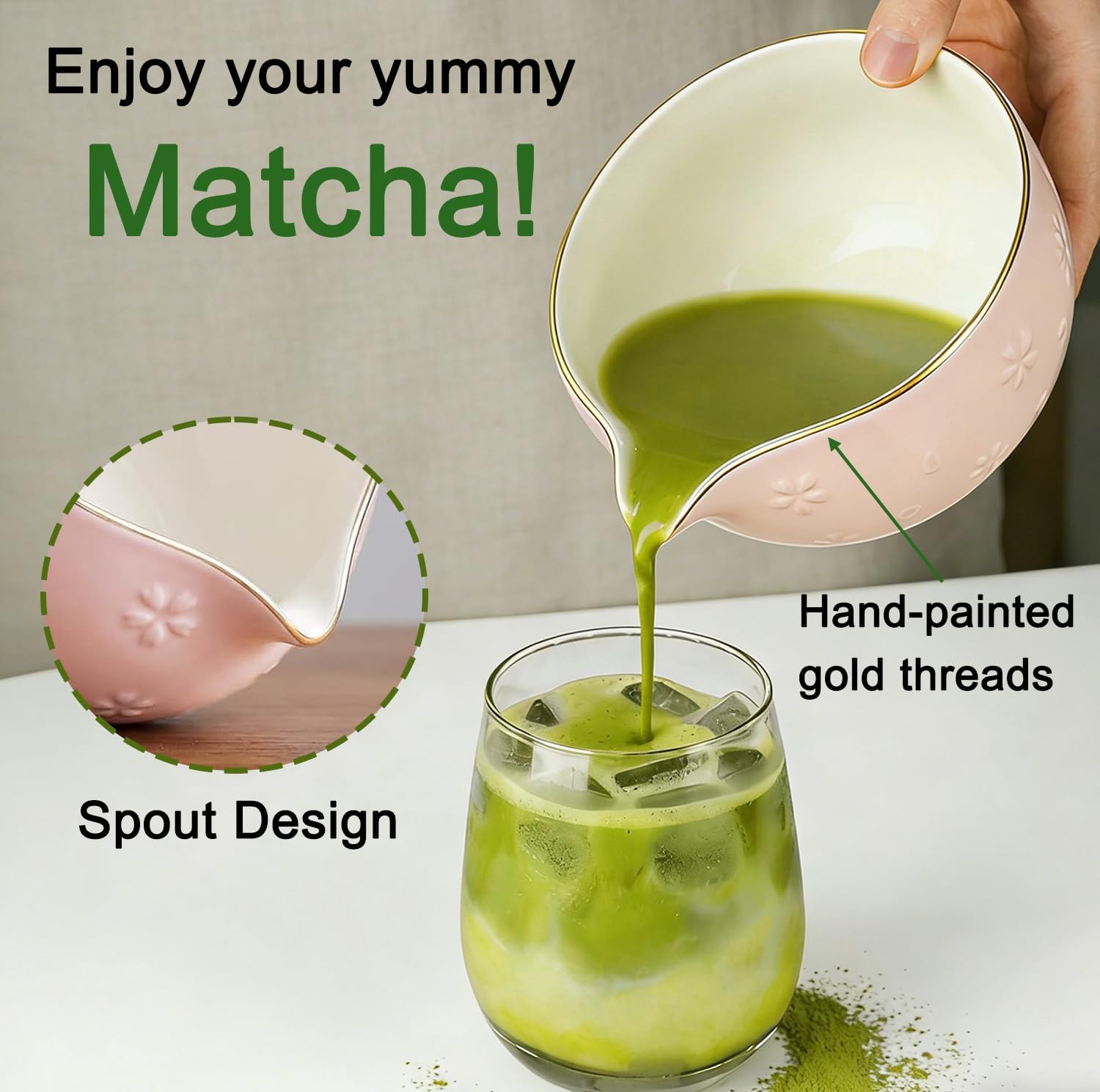 Clay&Fire Matcha Whisk Set, 9 pcs Ceramic Matcha Set, Gifts for Women,Matcha Bowl with Spout and Whisk, Matcha Kit for Matcha Lovers, Ideal Gift Christmas, Birthday, Anniversary (Cherry Bloom-Pink)