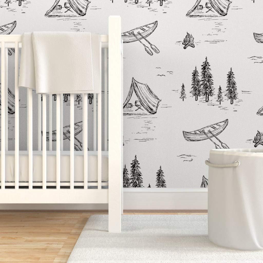 Peel & Stick Wallpaper 3ft x 2ft - Lake Life Black White Forest Theme Trees Woods Toile Camping Custom Removable Wallpaper by Spoonflower