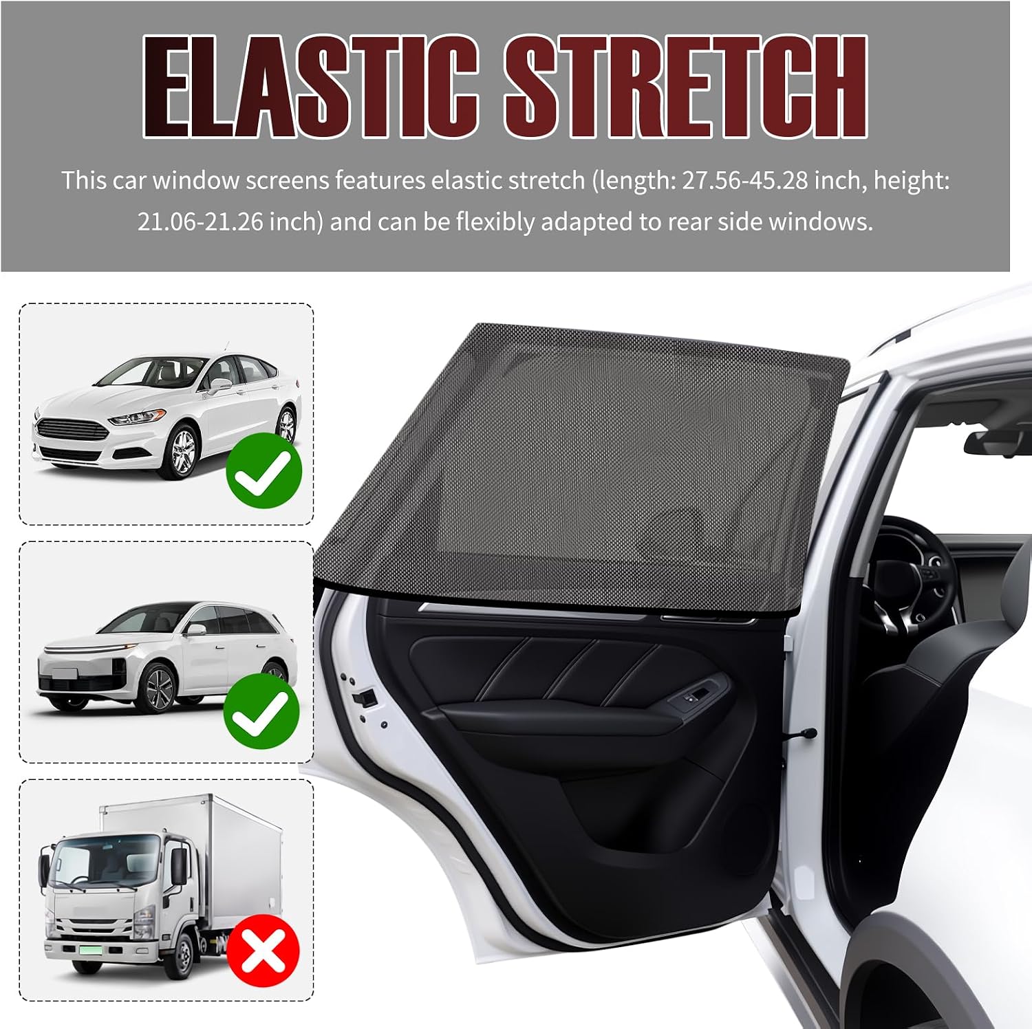 2PCS Stretchable Car Window Screen,Rear Car Window Shades for Side Windows with Breathable Mesh for Cooling and Blocking Heat,Portable Cars Windows Covers with Nylon Stickers