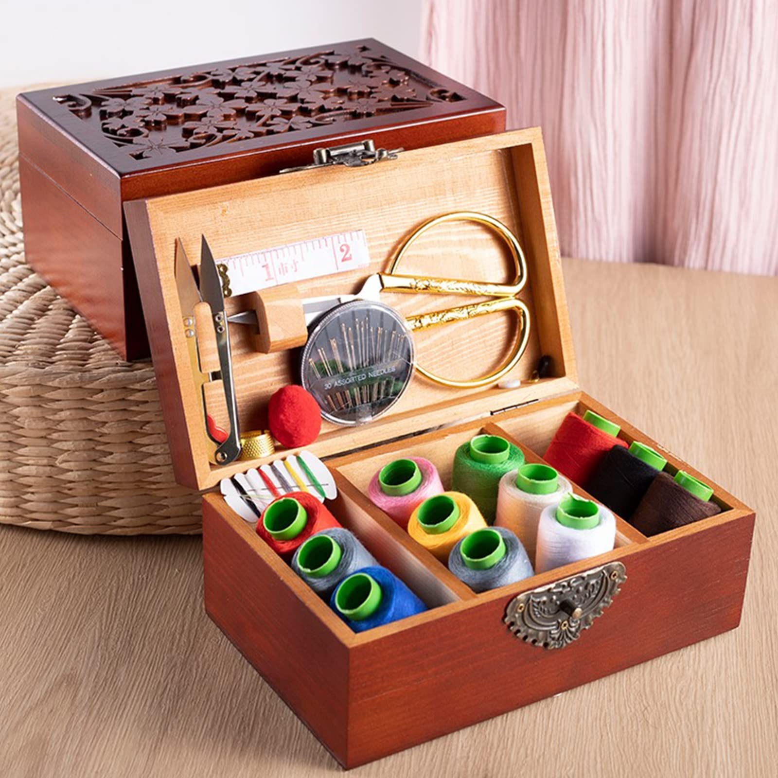 Scatola Da Cucito In Legno Retrò Con Kit Accessori | Organizer 24x13.5x15 Cm Per Casa E Viaggio