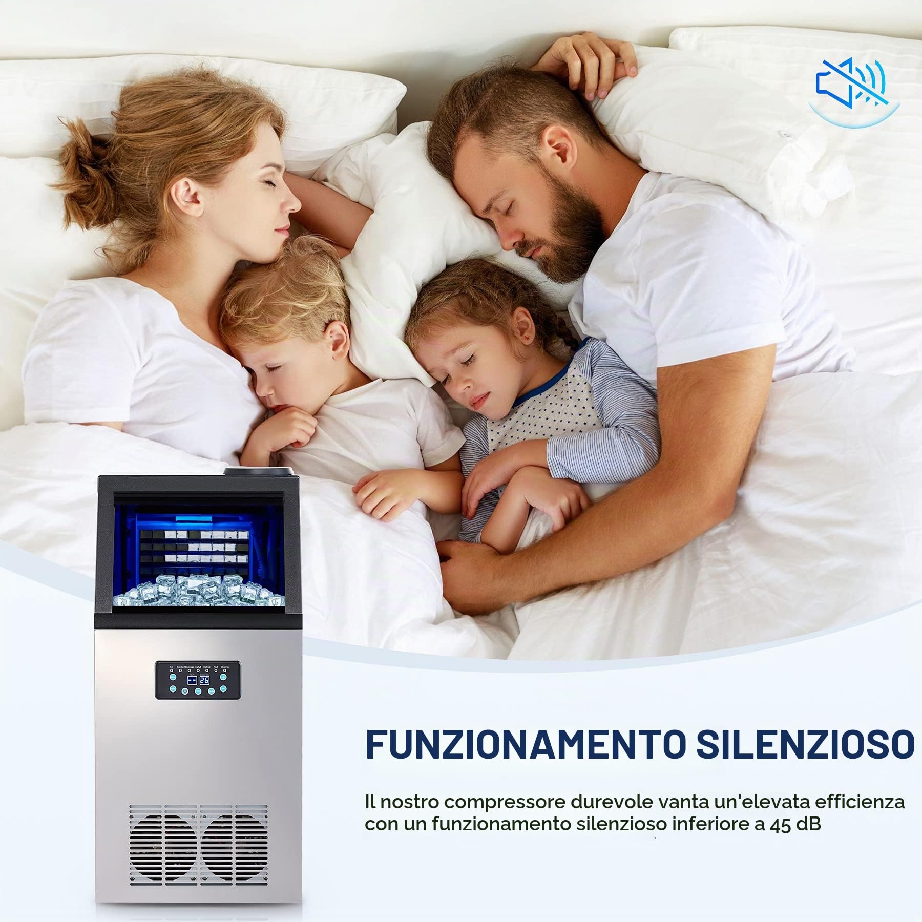 CREWORKS Macchina per Cubetti di Ghiaccio Commerciale 73kg/24h Fabbricatore Ghiaccio con Schermo LCD Macchina Ghiaccio in Acciaio Inossidabile per Casa, Ufficio, Ristorante, Bar, Caffetteria (45 PCS)
