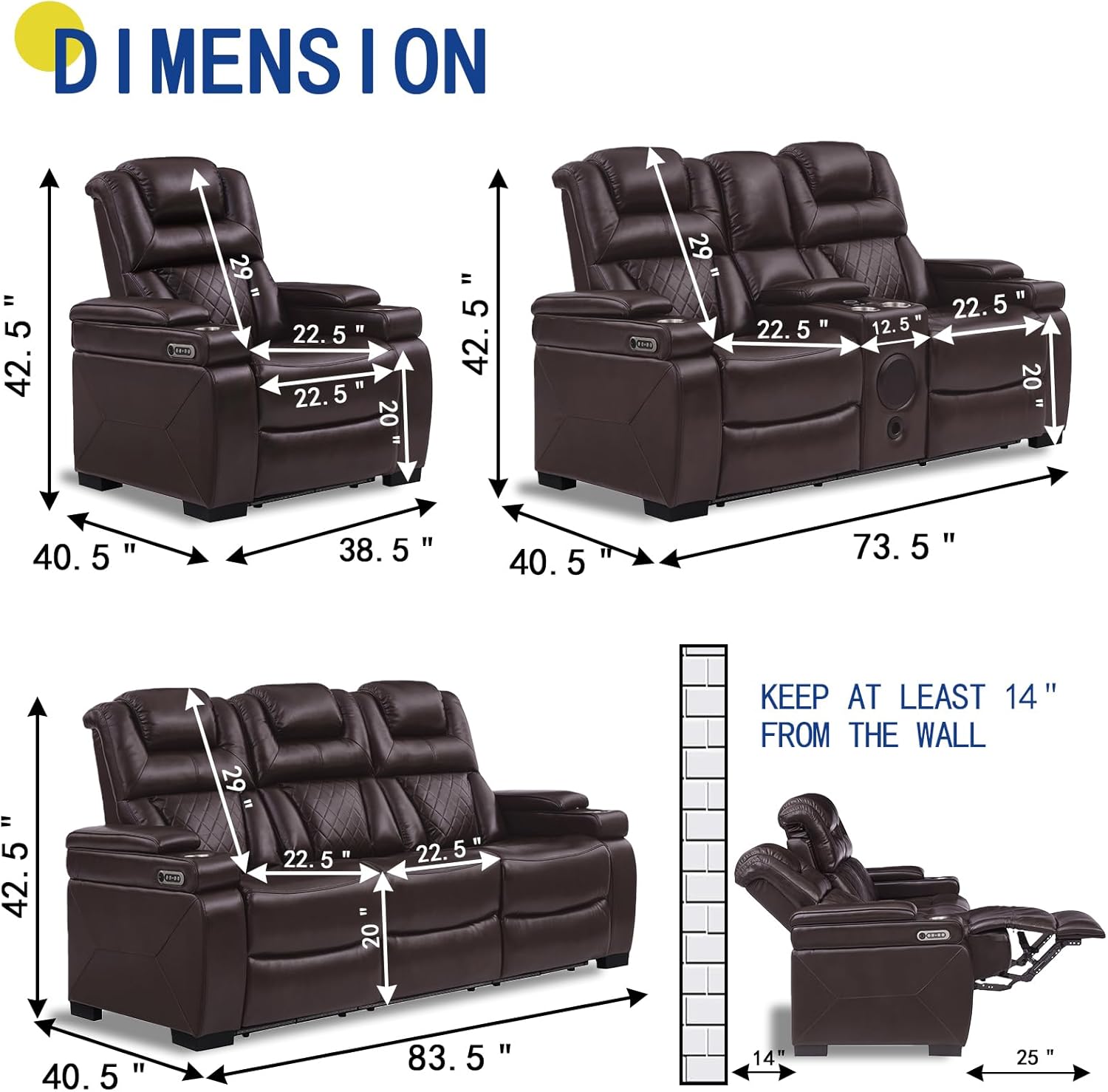 THSUPER Power Breathable Leather Reclining Sofa Set with 7-Color LED Light, Living Room Recliner Couch with Adjustable Headrest/Reading Light/USB Port/Wireless Charing/Bluetooth Speaker, Brown