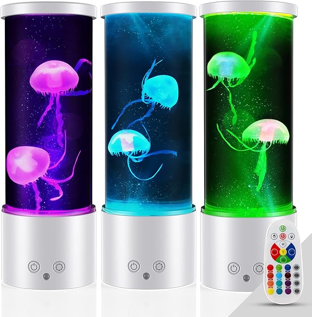AONESY Jellyfish Lamp Aquarium Night Light Remote Control Sensory Lights with 17 Colour Changing Lamp&4 Colour Modes Realistic Jellyfish Tank Mood Light, USB Table Lamp for Home Office Decor, White