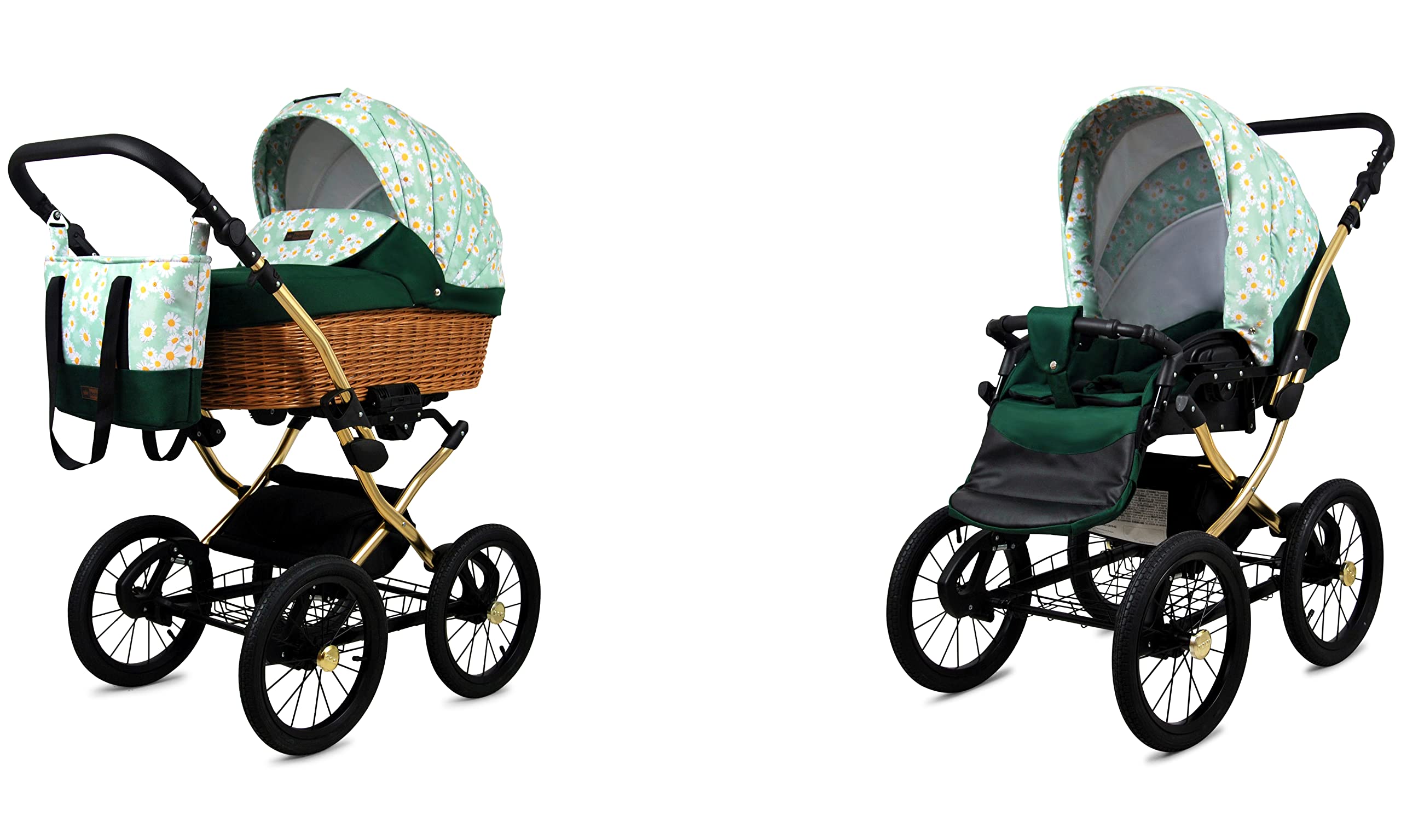 BabyLux ALU 2w1 Wózek dla Malucha – Wózki spacerowe & Wózki dziecięce – Wózek spacerowy dla Noworodka i Malucha – Wózek dla Noworodka – 59x105x125cm – Max 15kg – Green Daisy Gold Frame