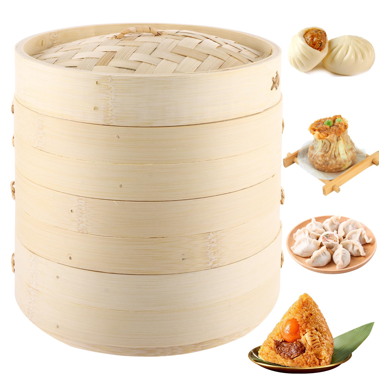LDXDRU 3 Tier Bamboo Steamer, 20cm / 8 inch Food Steamer Basket with Lid