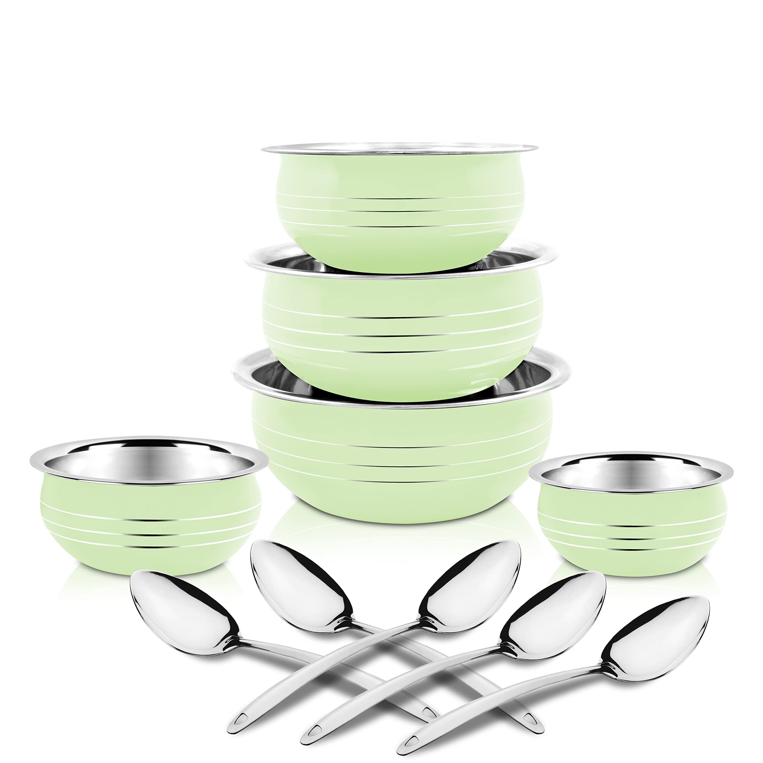Classic Essentials Stainless Steel Handi/patila/bhagona/biryani Cook & Serve Handi | Induction Bottom Cookware Set | 300ml, 550ml, 750ml,1100, 1500ml (Light Green)