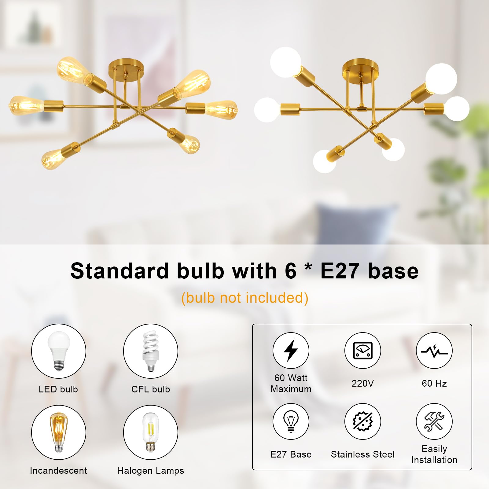 DELIPOP Lámpara de Techo Industrial, 6 Luces E27 Plafones de Techo Modernos, Orientable 180° Lámpara de Araña para Dormitorio Sala de Estar Cocina Salón Comedor