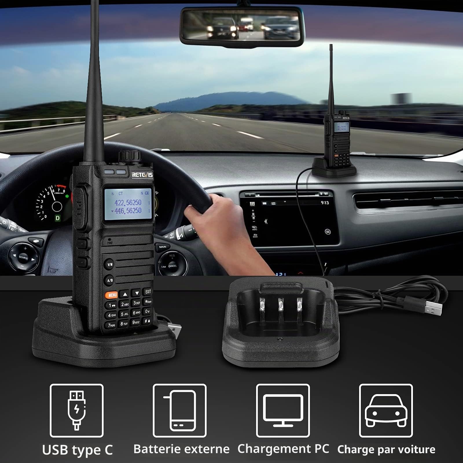 Retevis RA685 Talkie Walkie Double Bande, Lonue Portée Radio Bidirectionnelle pour Adultes, 5W 1800mAh, Lampe de Poche, Portable Ham Rechargeable Talkie Walkie pour Débutants, Chasse (Noir, 1Pcs)