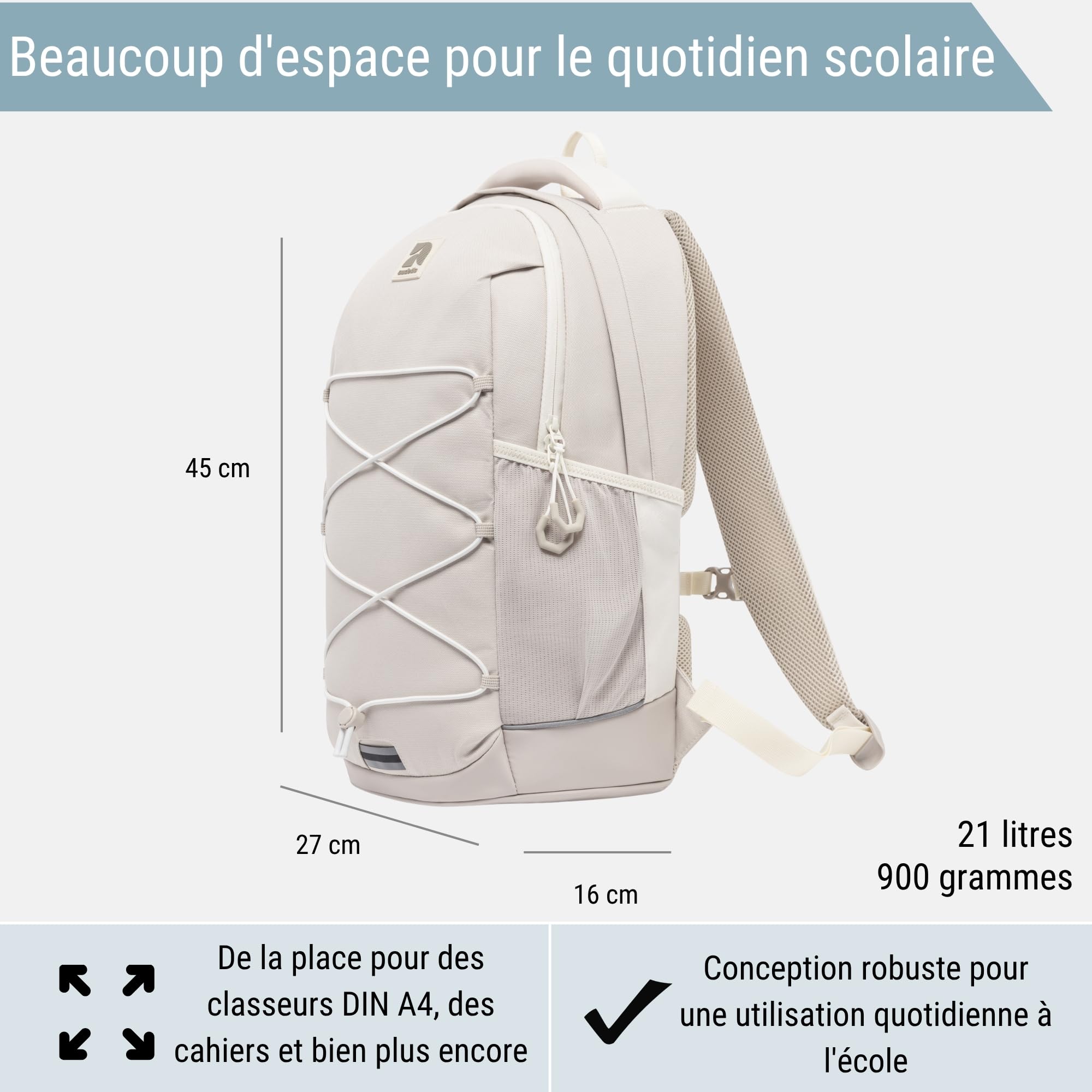 Audetic Sac à Dos Scolaire pour Adolescents Beige - AERO Backpack - Cartable pour Garçons et Filles - 21 litres - Sac à Dos Ergonomique avec de Nombreux Compartiments pour École et Loisirs - Hydrofuge
