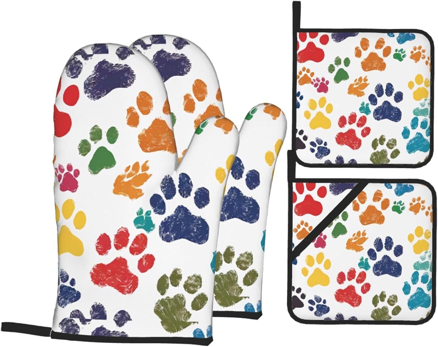 (Cute Colorful Dog) Baking 4-Piece Set: 2 Oven Mitts and 2 Pot Holders Heat Resistant Waterproof Hanging Loop for Kitchen Oven Grill Housewarming Gifts