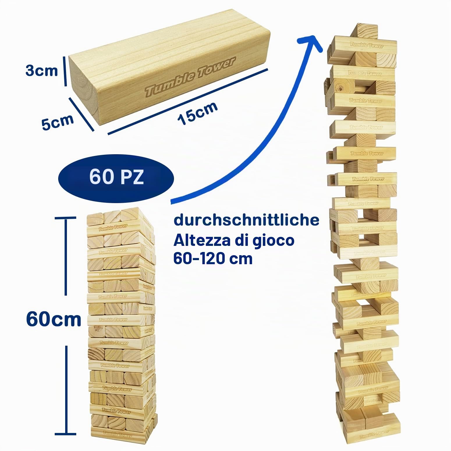 JacMok Jumbo Tumble - Torre oscillante, 60 pezzi, in legno di pino