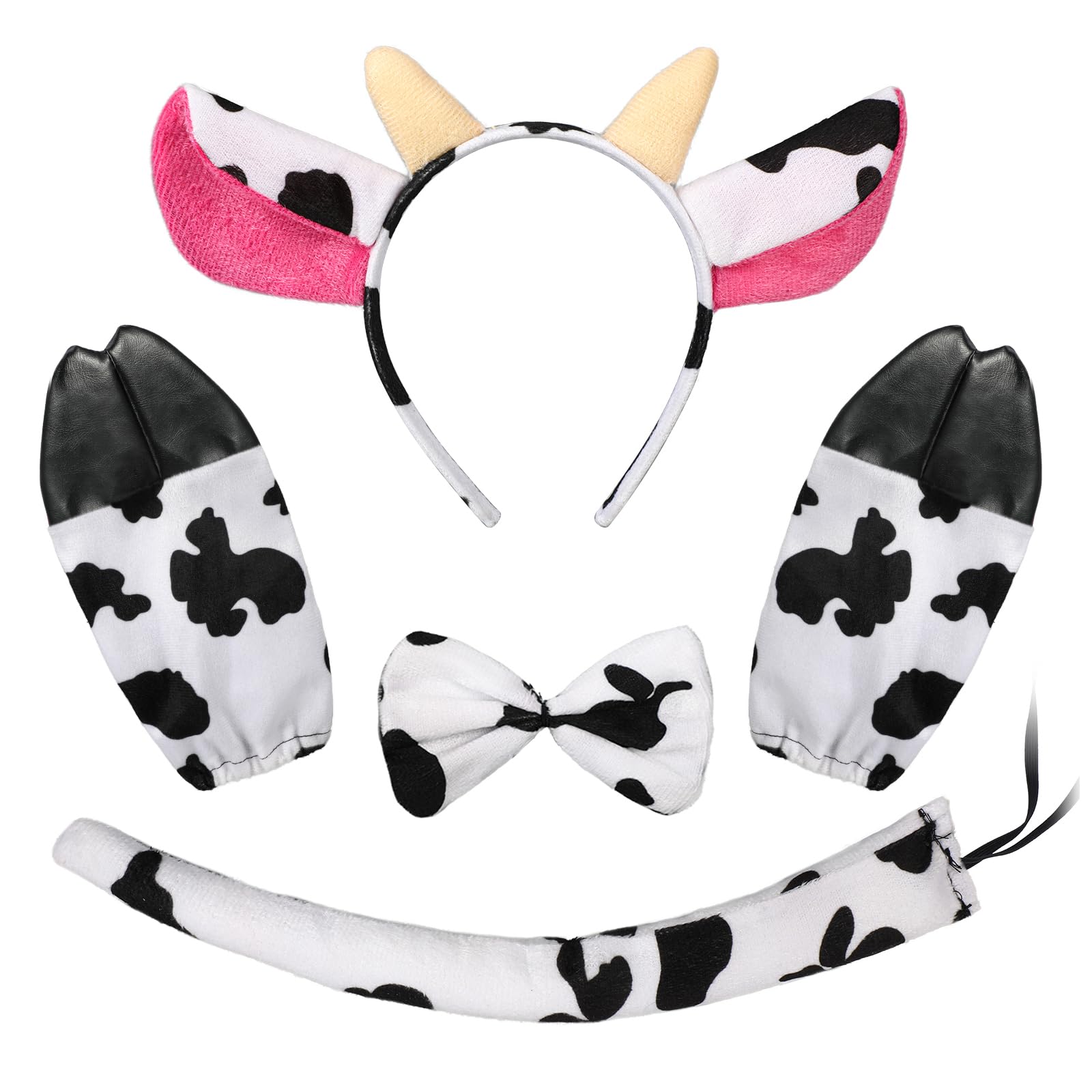 5PCS Accesorios de Disfraz de Vaca, Diadema de Orejas de Vaca Pajarita Guantes de Pata y Cola, Disfraz de Animal para Niños y Adultos para Halloween Carnaval Cosplay Cumpleaños Día Mundial del Libro