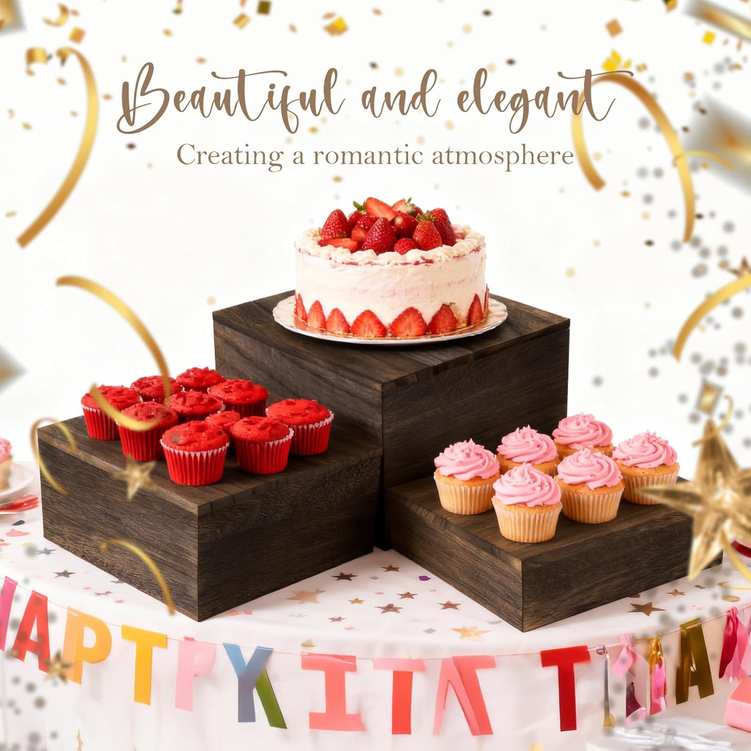 6 Pcs Wooden Risers for Table Display, 6/7/8 Inch Rustic Wooden Risers Display Stand Stackable Wood Cupcake Stands Square Food Riser for Buffet Table, Birthday Party, Wedding Party, Home Decor