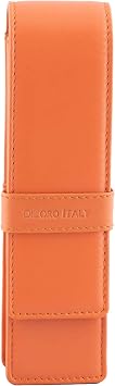 DiLoro Leather Double Pen Case Pencil Pouch Holder for Two Fountain Ballpoint Rollerball Pens and Pencils Orange