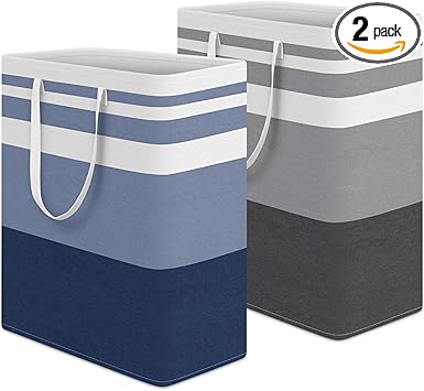 HomeHacks 2 Pack Large Laundry Baskets, Waterproof, Freestanding Laundry Hampers, Collapsible Clothes Hamper with Reinforced Handles in Laundry, College Dorm, Bathroom, Bedroom (Grey+Blue, 125Lx2)