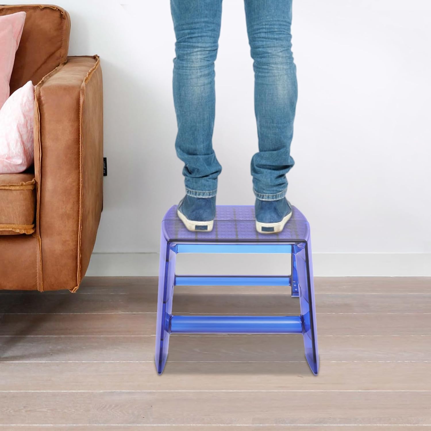 2 Step Clear Folding Step Ladder, Photography Stool, Protable Transparent Step Stool for Decorative Library, Modern Foot Stool (Blue)