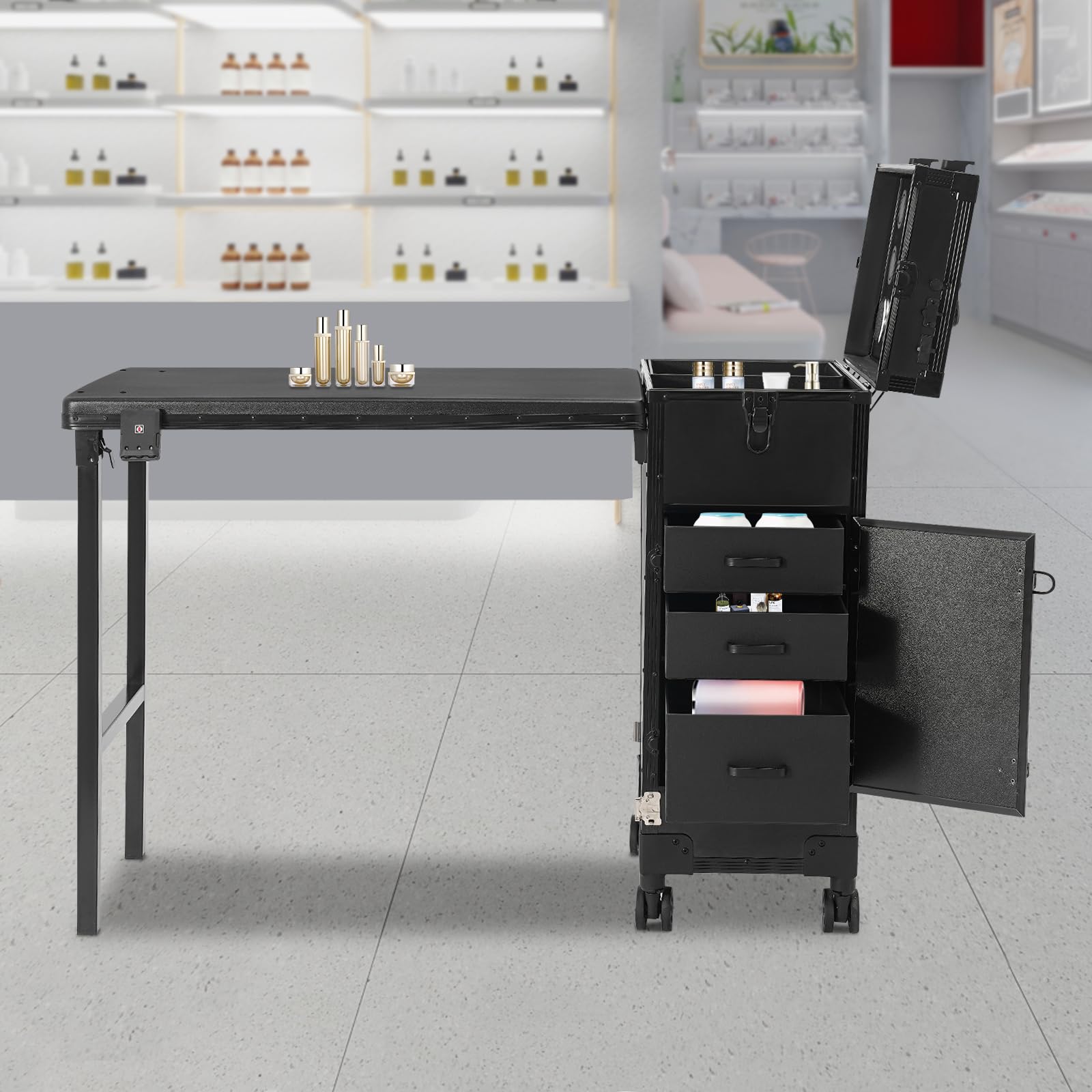 Maletín de maquillaje con espejo y Bluetooth y ruedas – 3 cajones – Grande moderno, capacidad de carga de 50 kg, para peluquería y belleza