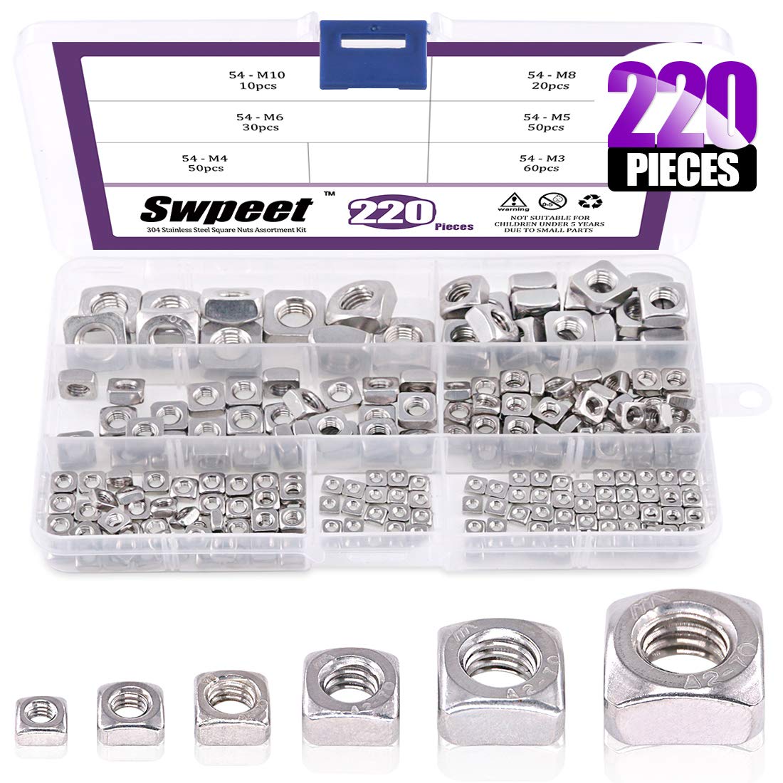 Stainless Steel Nuts Kit - 220 Pcs M3-M10 -1 Stainless Steel Nuts Kit - 220 Pcs M3-M10 -1