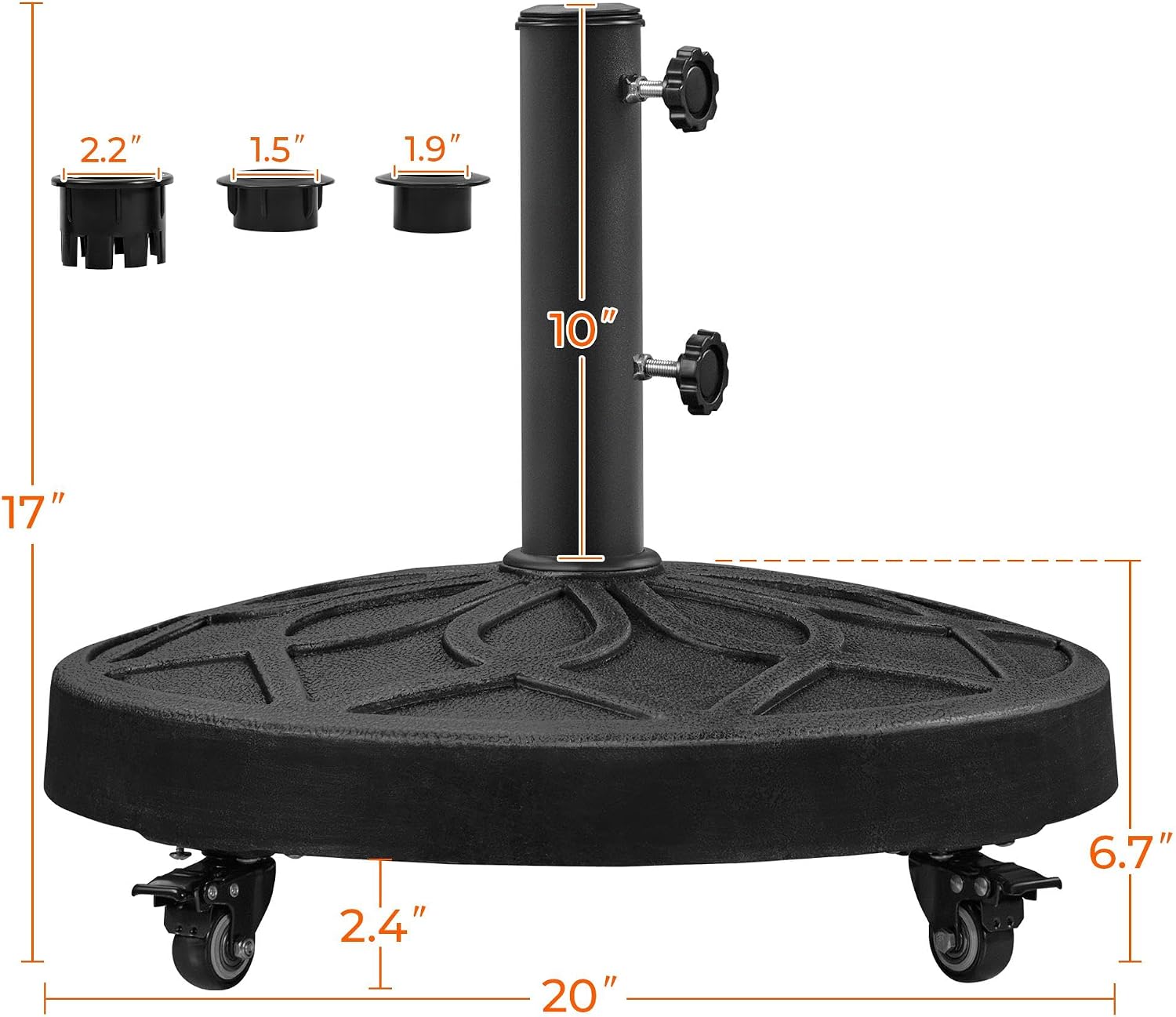 Yaheetech 45lbs Heavy Duty Round Umbrella Base with 4 Lockable Rolling Wheels & 2 knobs, Outdoor Antiqued Umbrella Stand, 20” Market Patio Umbrella Base for Garden, Yard, Lawn Black