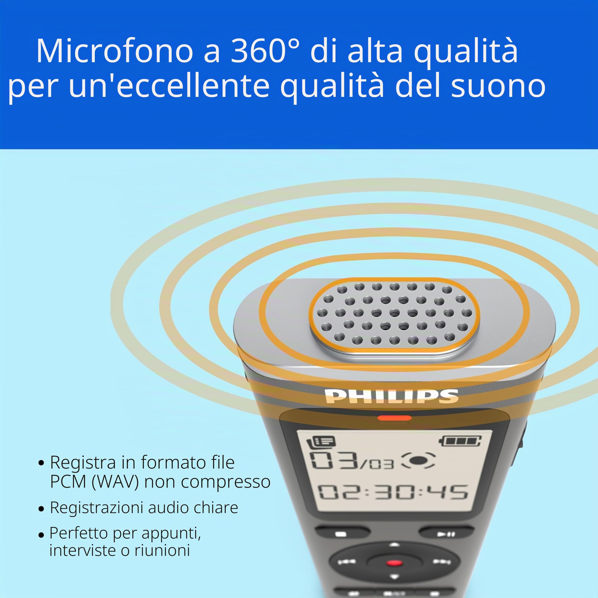 Philips DVT1170 VoiceTracer, Registratore audio, 8GB, slot per scheda micro SD