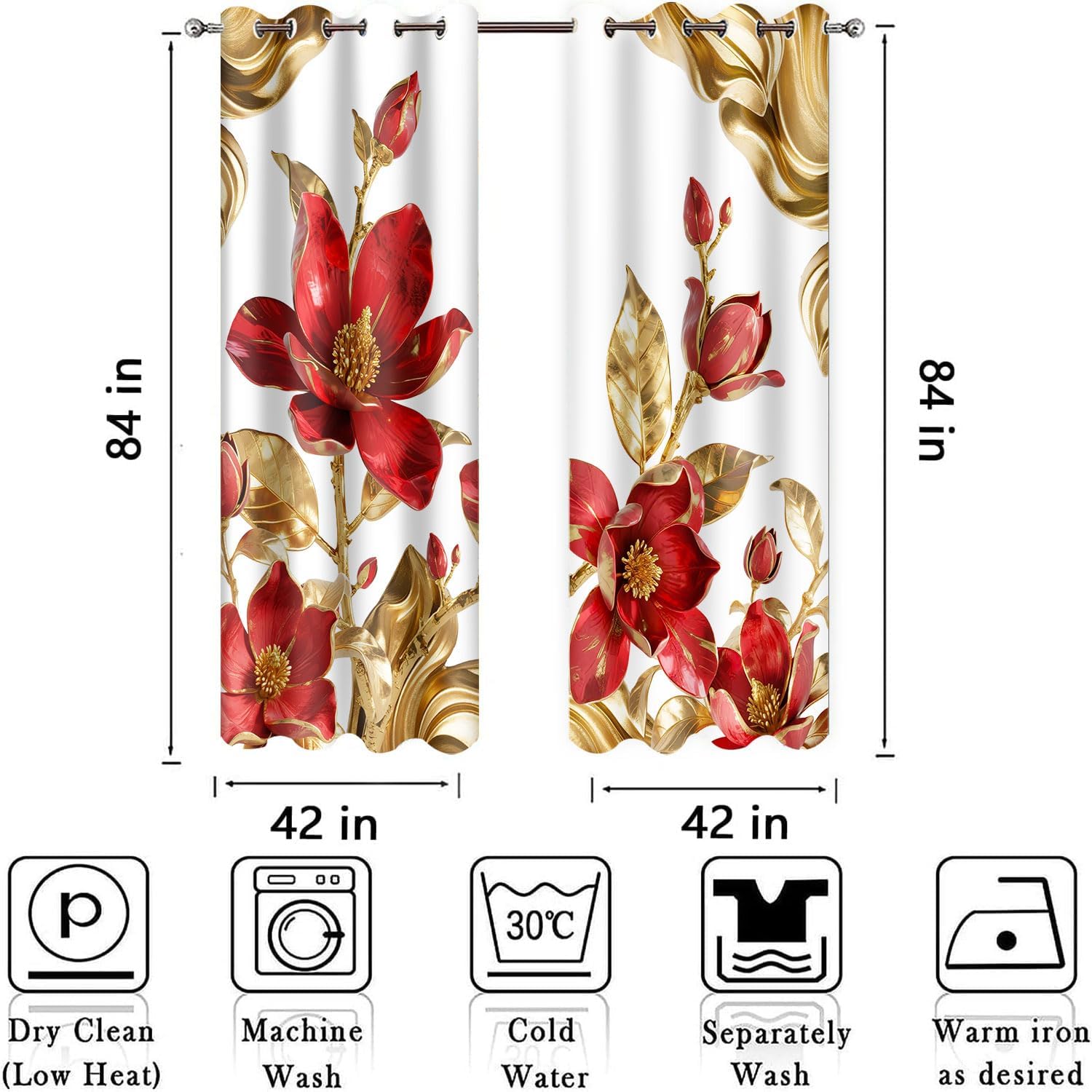 Magnolia Floral 3D Curtains Abstract Red Gold Flower Blackout Curtains Luxury Gilt Modern Art Design Printed Drapes for Women Bedroom Living Room 4284inch 2Panel HI033YL