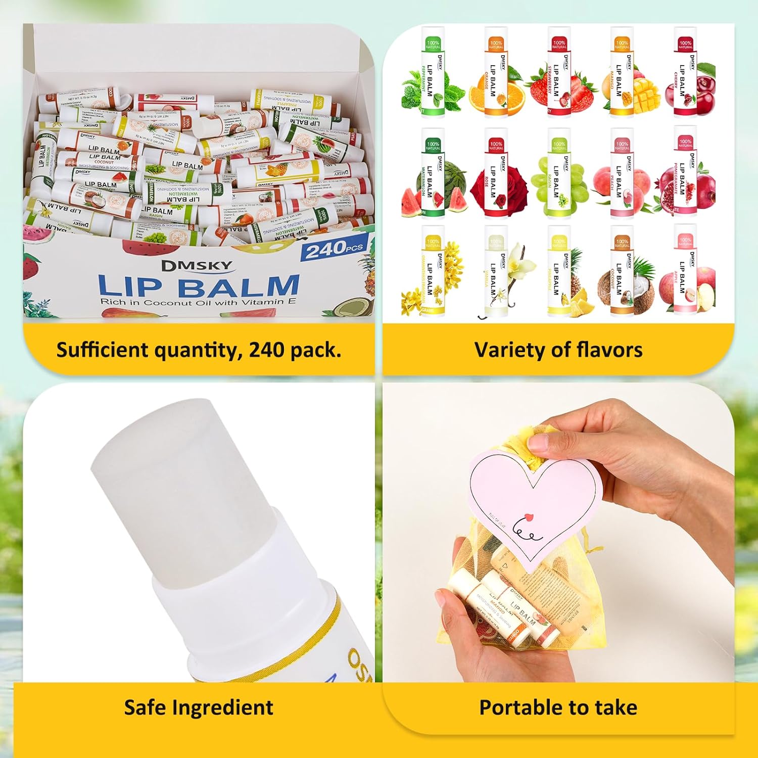 DMSKY Lip Balm 240 Pack, Natural Lip Balm Bulk with Vitamin E and Coconut Oil, Moisturizing Lip Care for Dry Chapped Lips, Party Favors-12 Flavors