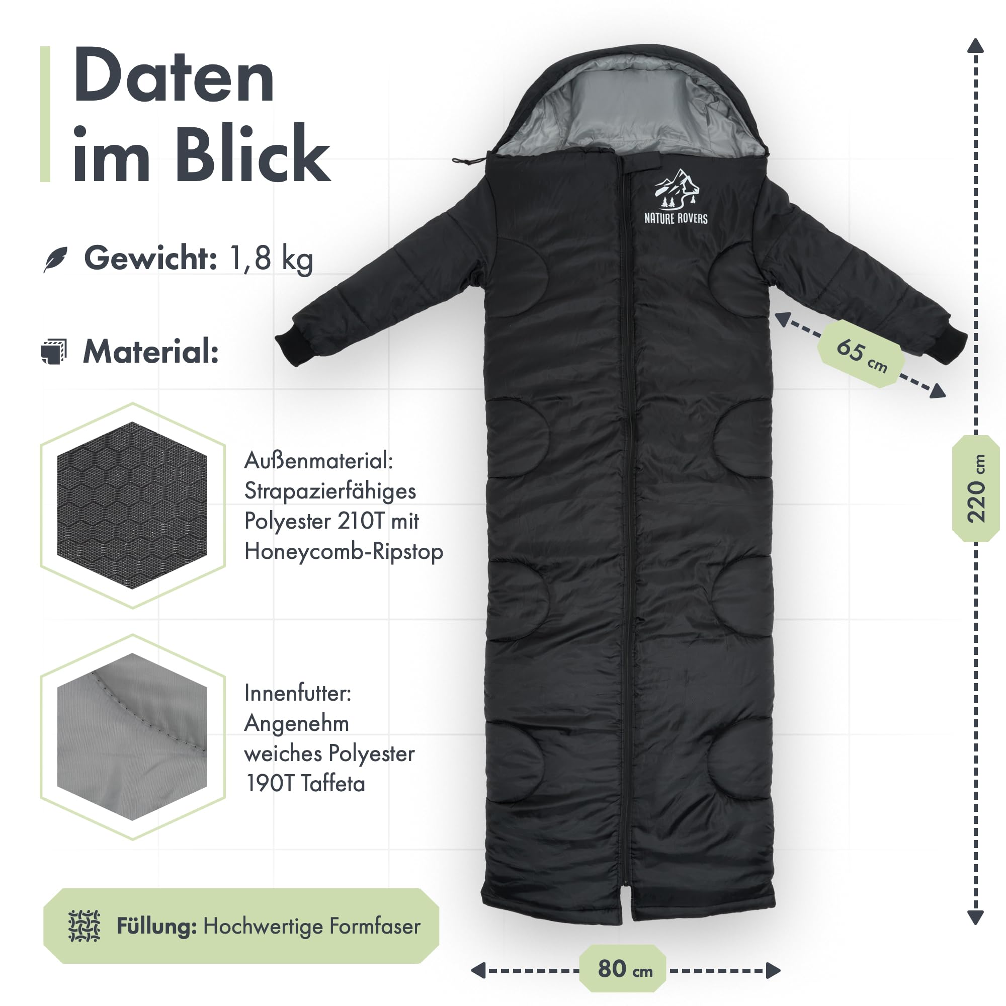 Schlafsack [mit Ärmeln] – Schlafsäcke für Erwachsene, Outdoor & Camping [3 Jahreszeiten] Deckenschlafsack mit Öffnungen an den Füßen | 220x80cm, wasserabweisend | Inkl. Kissen | Nature Rovers