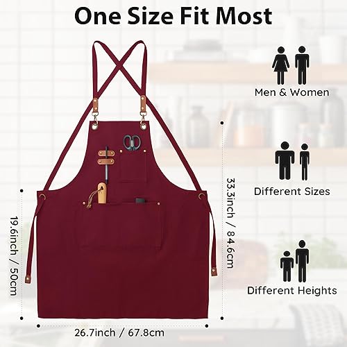 Miniatura 5 de Delantales de lona, delantales de chef de cocina, delantales de trabajo para hombres y mujeres, delantales con correa ajustable con 3 bolsillos