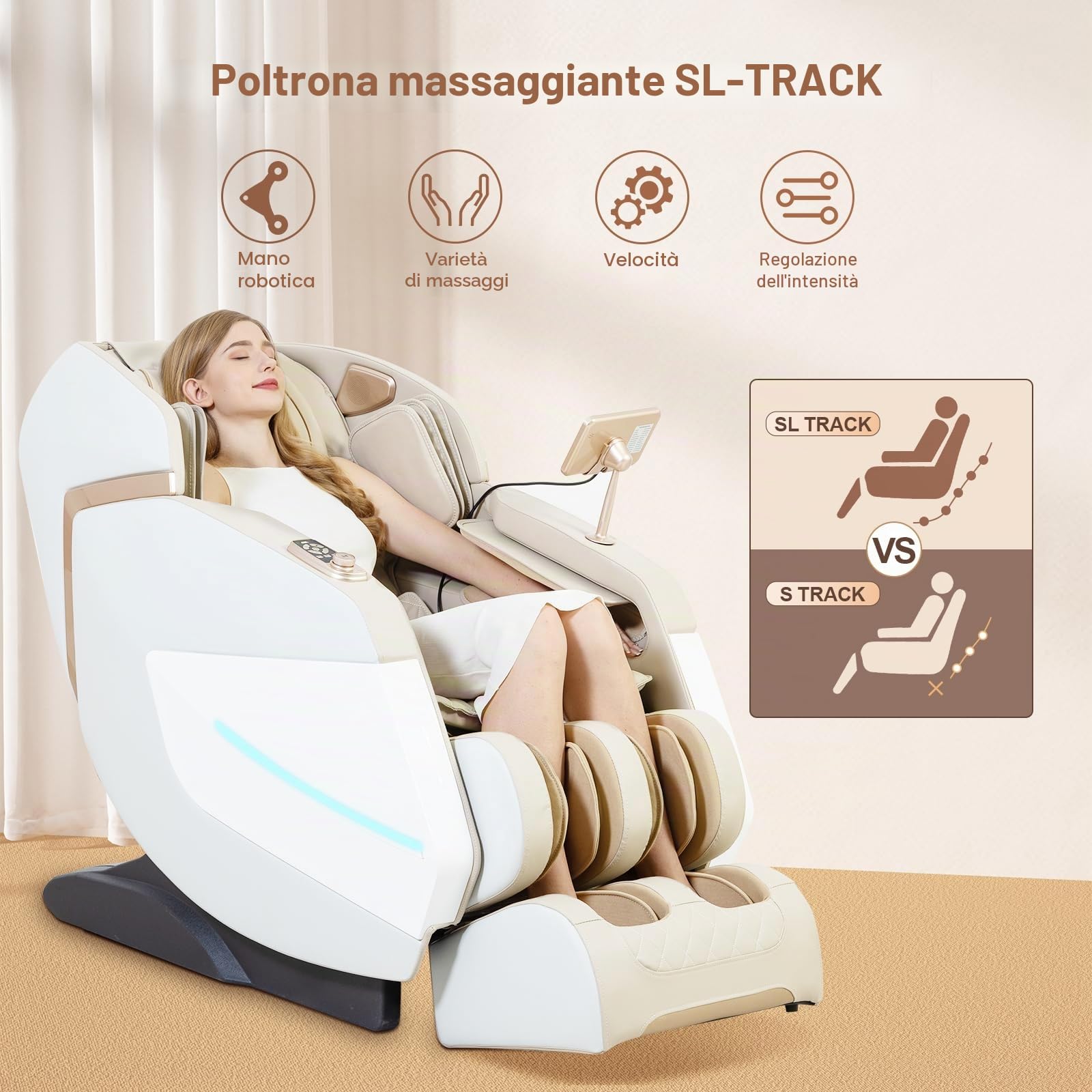 Nuova Poltrona Massaggiante 2025 Mano Robotica a 3D Su SL Track，Shiatus Full Body，Air Bag e Terapia di Calore, AI Comando Vocale Zero Gravity ，Bluetooth Casse Audio (Beige)