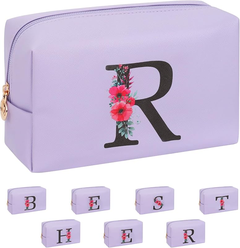 Necessaire de maquiagem onemoky com inicial e estampa floral, roxa, Modelo R, 1 unidade