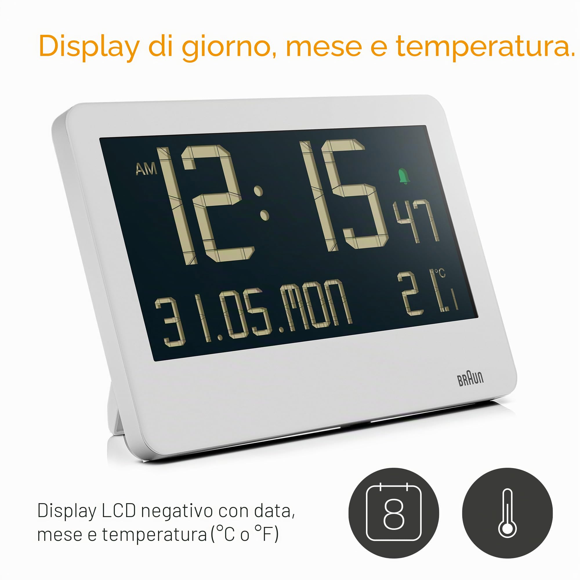 Braun Orologio da parete digitale temperatura interna, data, giorno della settimana, ampio display LCD inverso, impostazione rapida, allarme acustico in bianco, modello BC14W.