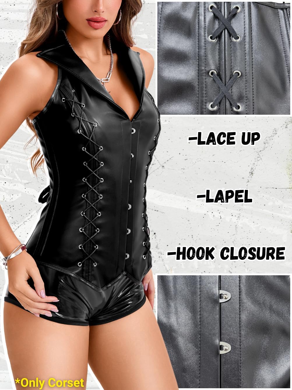 Women's Halter Faux Leather Corset Vest, Lapel Sleeveless Long Punk Tops, Rave Club Concert Outfits Fits 00-16 - Image 2
