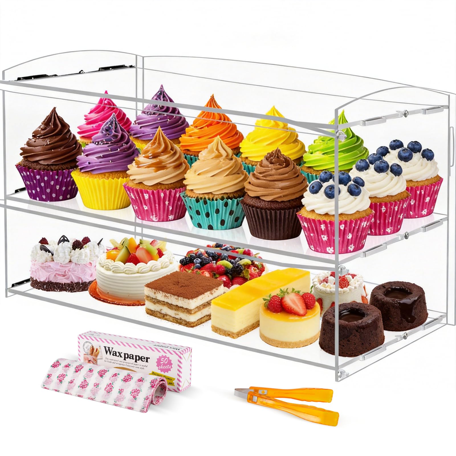 BAOSHISHAN Acrylic Pastry Display Cabinet Clear Cake Display Case 2-Tier Food Display Counter for Display Pastry Cup Cake Donut with Cake Serving Tong 20“Lx9.5“Wx10.2“H