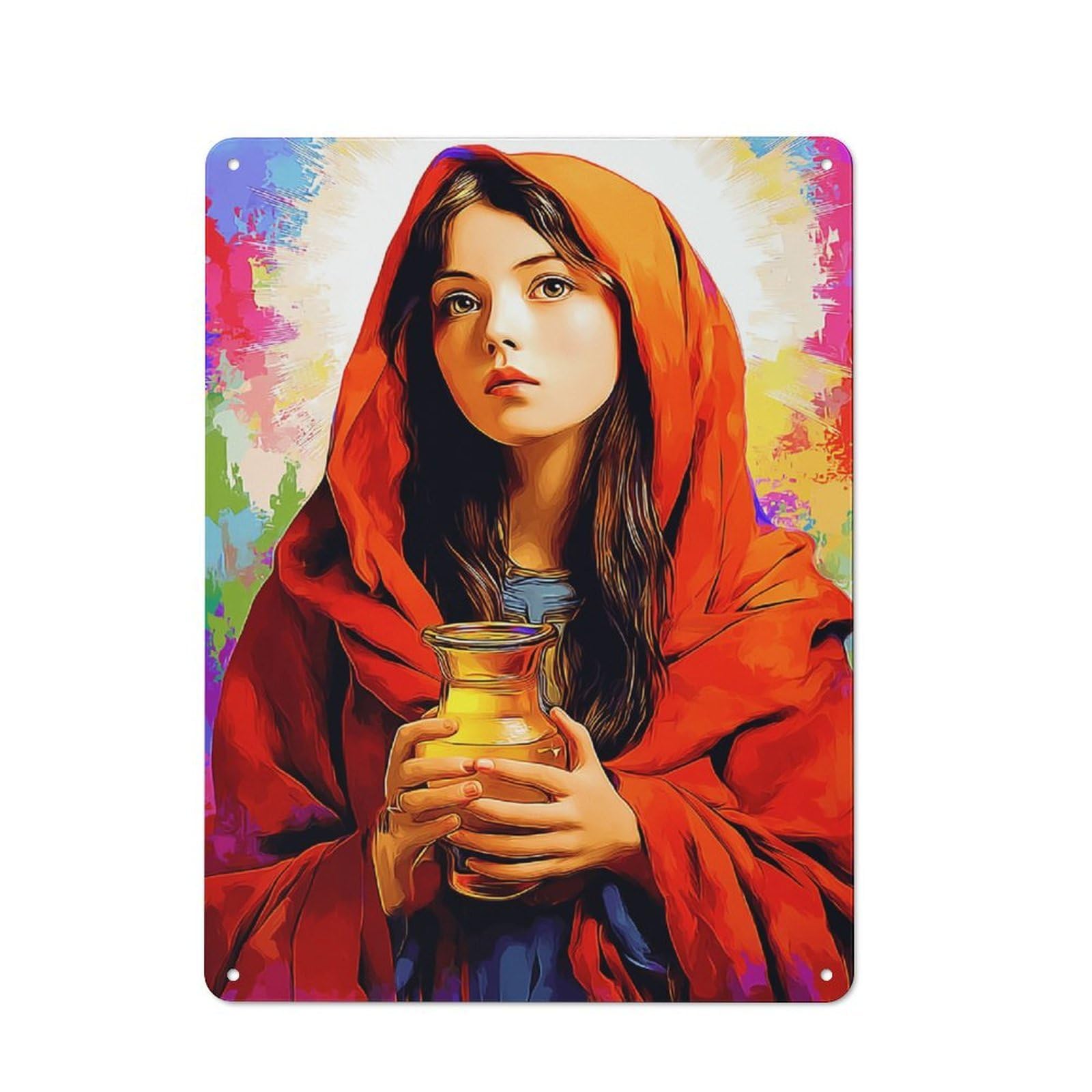 Junmoney Golden Vase With Red Cloak For Garden Room Or Summerhouse, Rustic Tin Sign 40X30cm, Wall Decor For Garden Rooms And Summerhouses