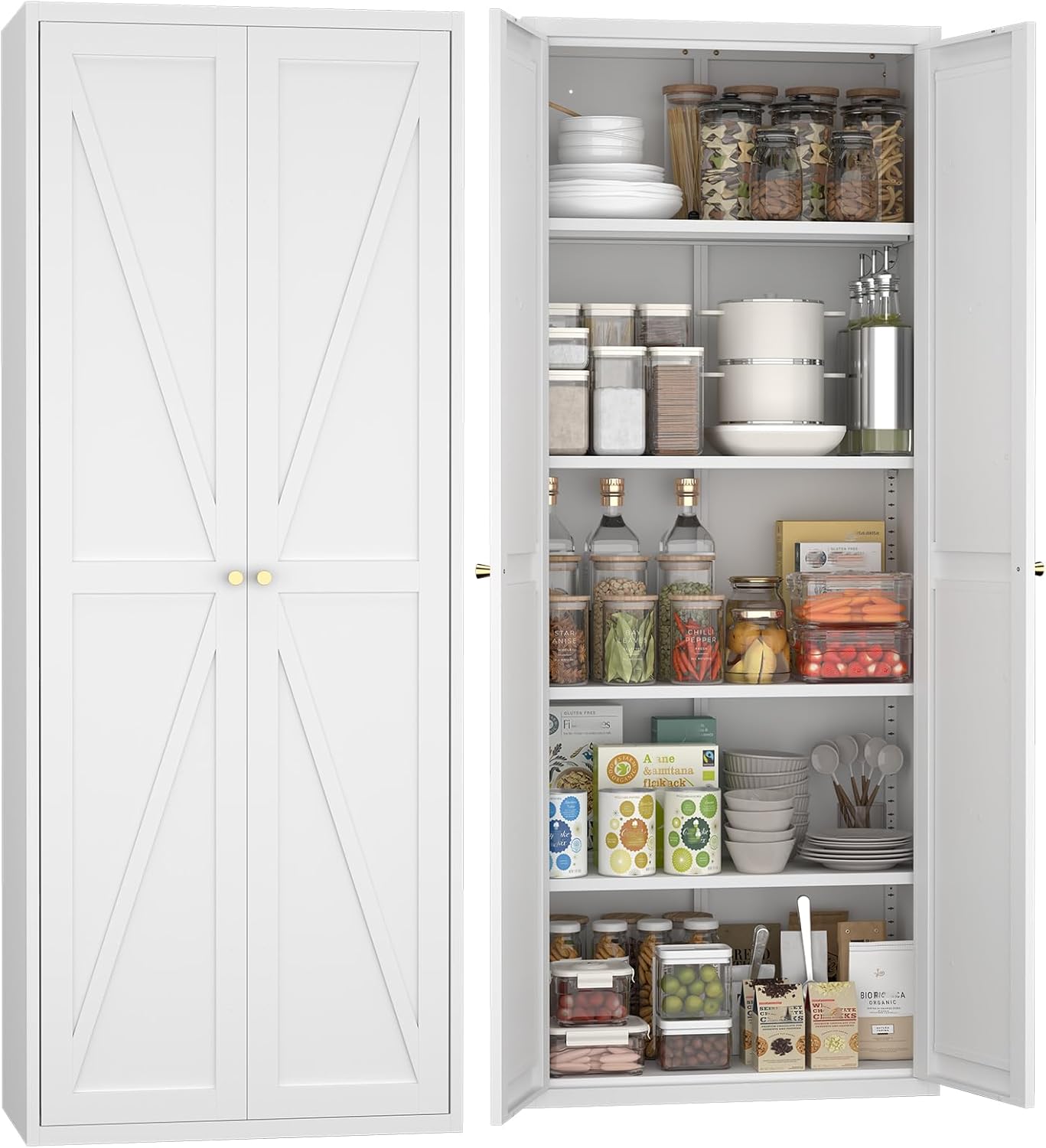 GREATMEET 71" Kitchen Pantry Storage Cabinet, Metal Garage Storage Cabinets with 2 Doors and Shelves, Tall Storage Cabinet, Laundry Room Cabinet, Food Pantry Cabinet, White