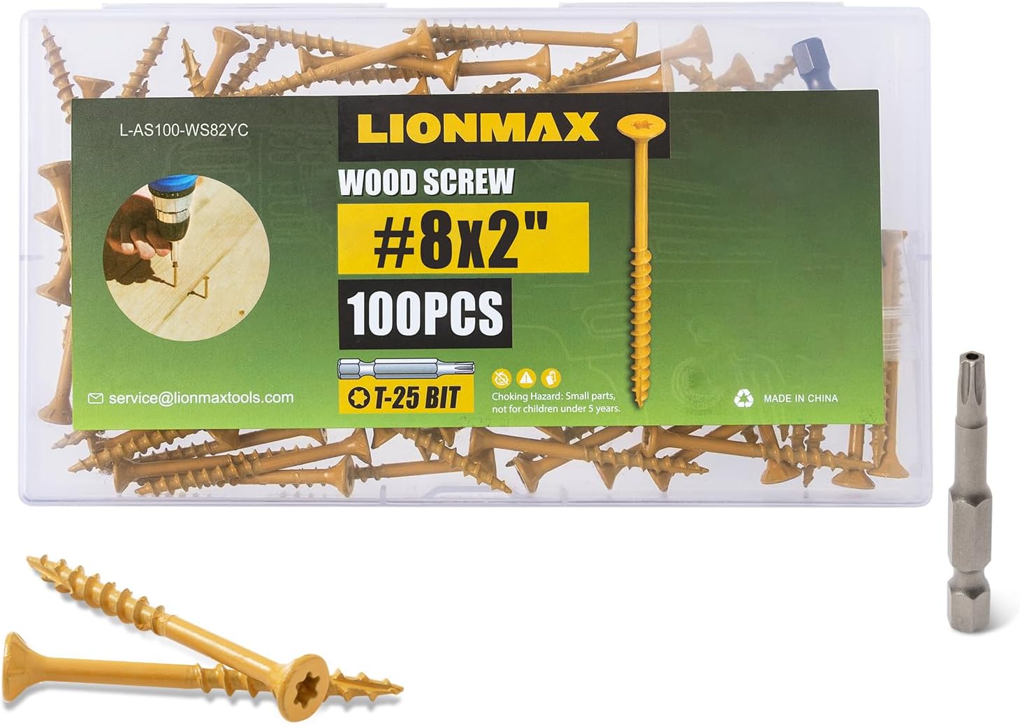 LIONMAX Deck Screws 2 Inch, Wood Screws #8 x 2, 100 PCS, Rust Resistant, Exterior Epoxy Coated, Outdoor Decking Screws, Torx/Star Drive Head Screw, T25 Star Bit Included, Tan
