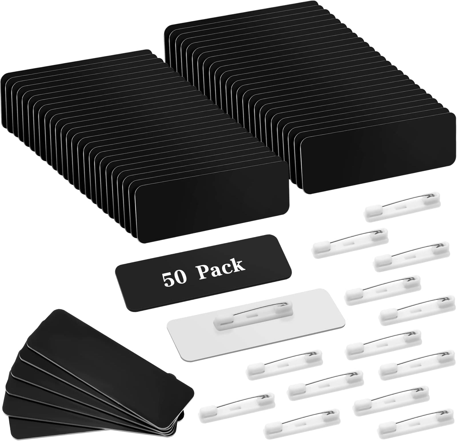 50 Pack Name Tag Blanks with Pin 1 x 3 Inch Plastic Name ID Badge Holders with Clips Round Corners Nametags Labels Printable Tags for DIY(Black, White)