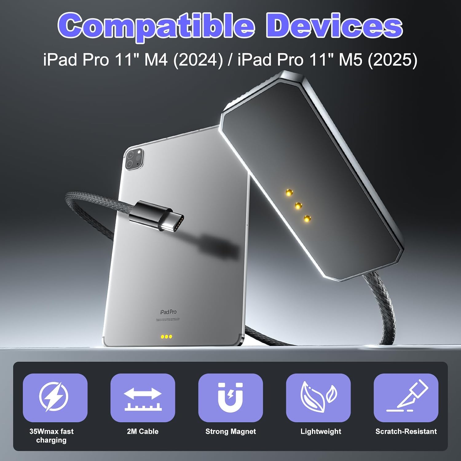 Magnetic Wireless Charger for iPad Pro 11"(M4 2024, M5 2025) ONLY, 35W Magnetic Aluminum Alloy Smart Connector Charger with 6.5FT USB C Cable, Fast Charging Release Port No Hand Obstruction