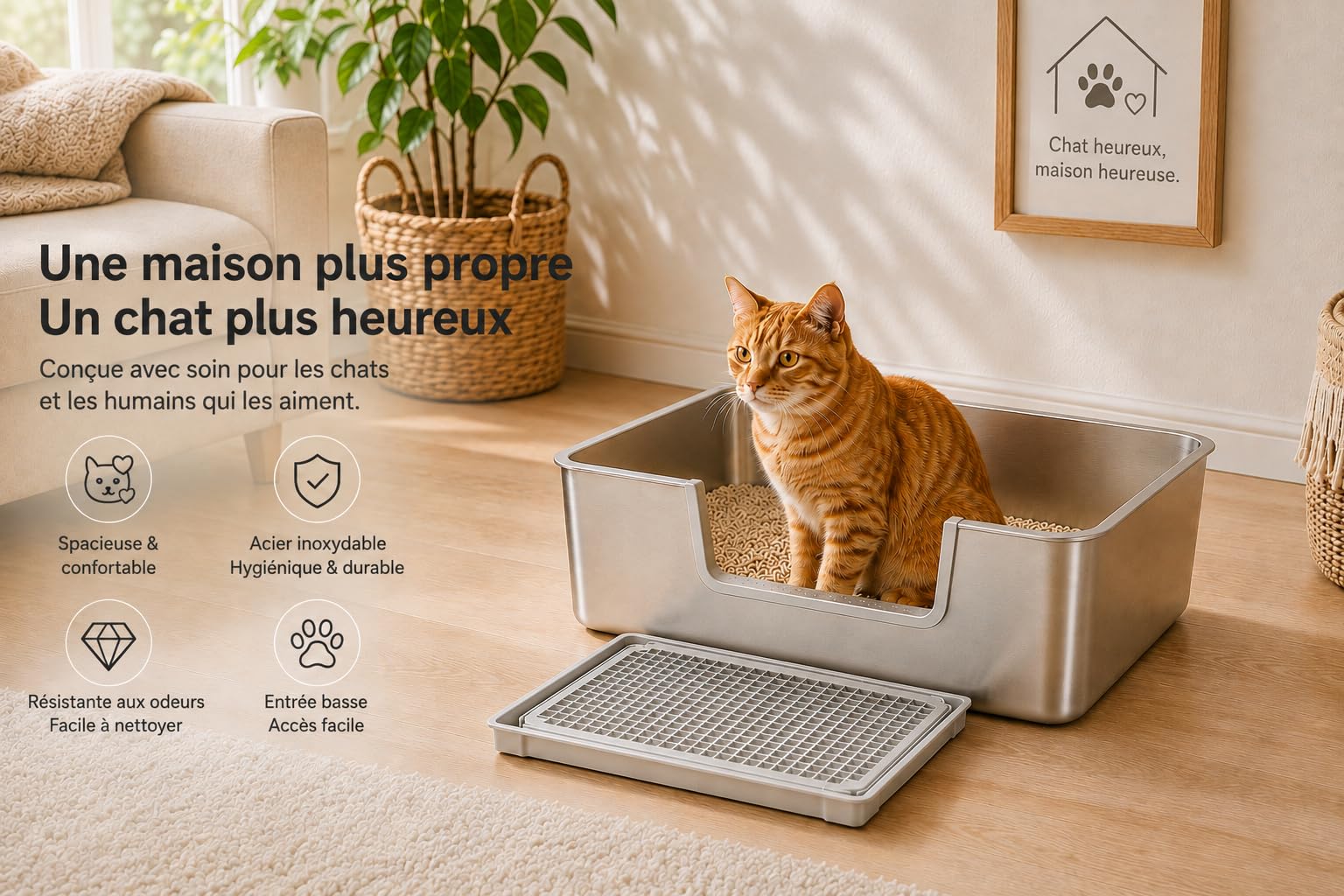 Bac à litière XXL en acier inoxydable avec tamis, bord haut et entrée basse, sans odeur, facile à nettoyer, bac à litière en métal pour grands chats et maison multi-chats, 60 x 40 x 20 cm