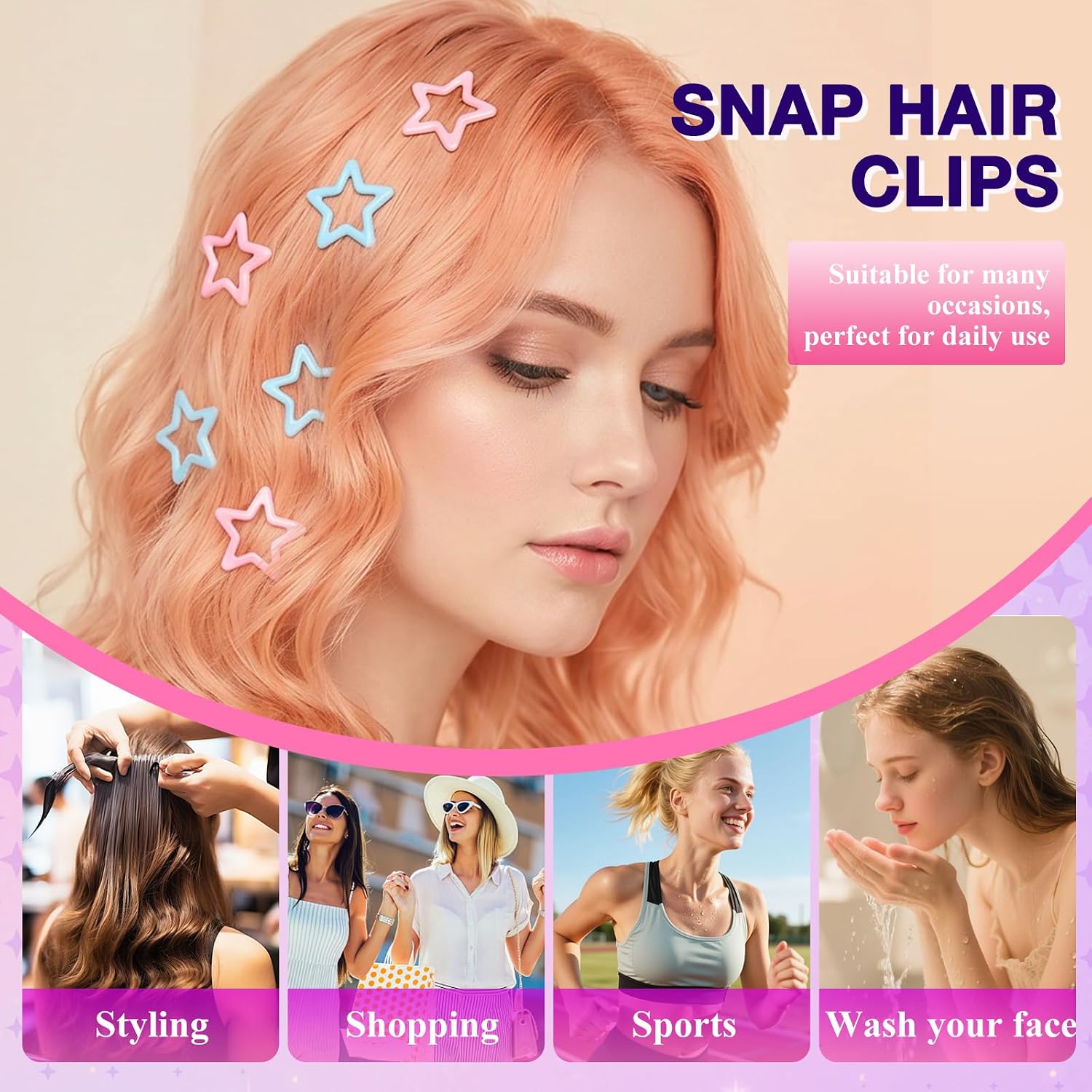 Star Hair Clips Snap, 54 Pack Metal Barrettes 1.57in & 1.18in