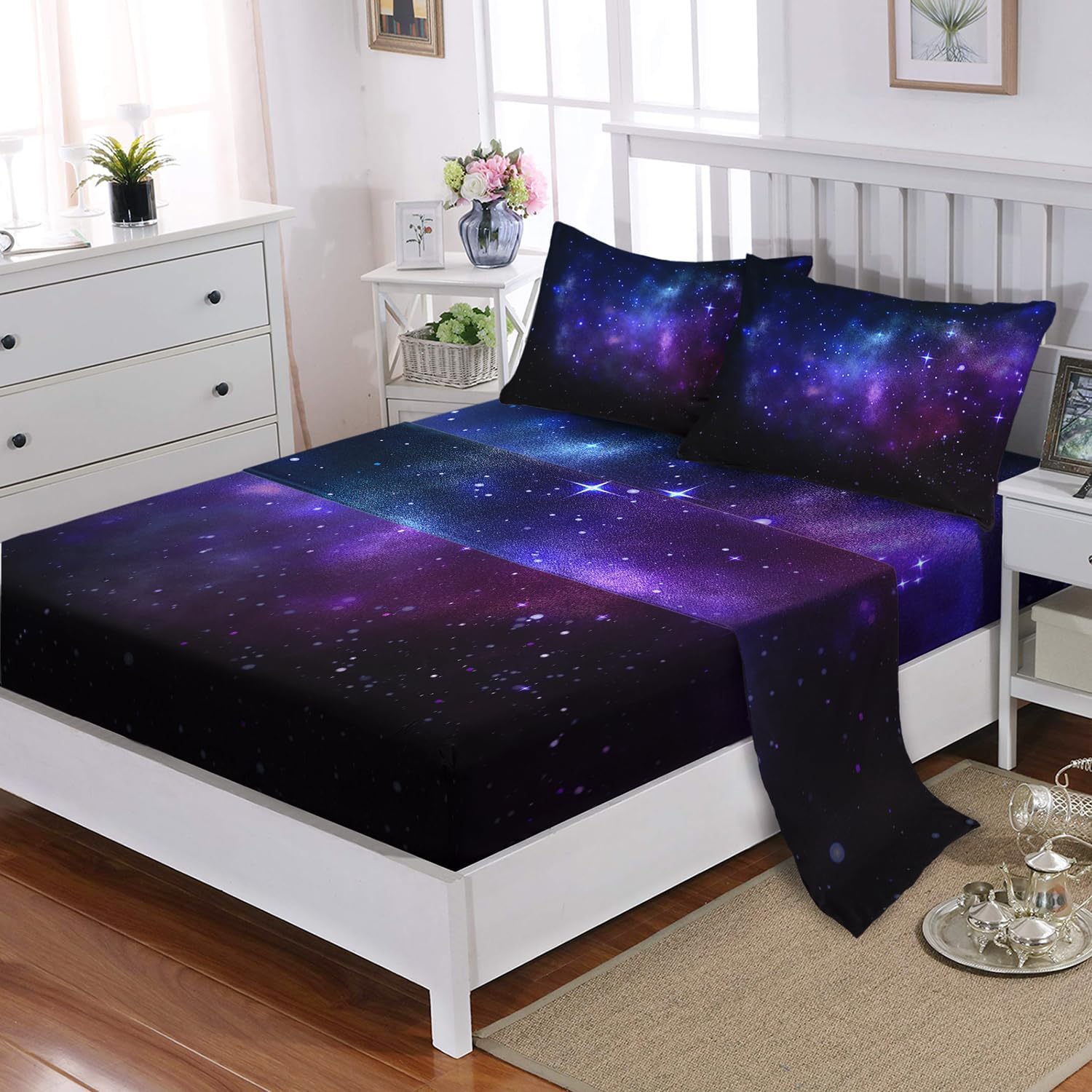 Blue Galaxy Fitted Sheet Set Queen 4Pcs Universe Outer Space Starry Sky Bedding Set for Kids Girls Psychedelic Space Night Pattern Quilt Bed Sheet Set + Flat Sheet + 2 Pillow Cases