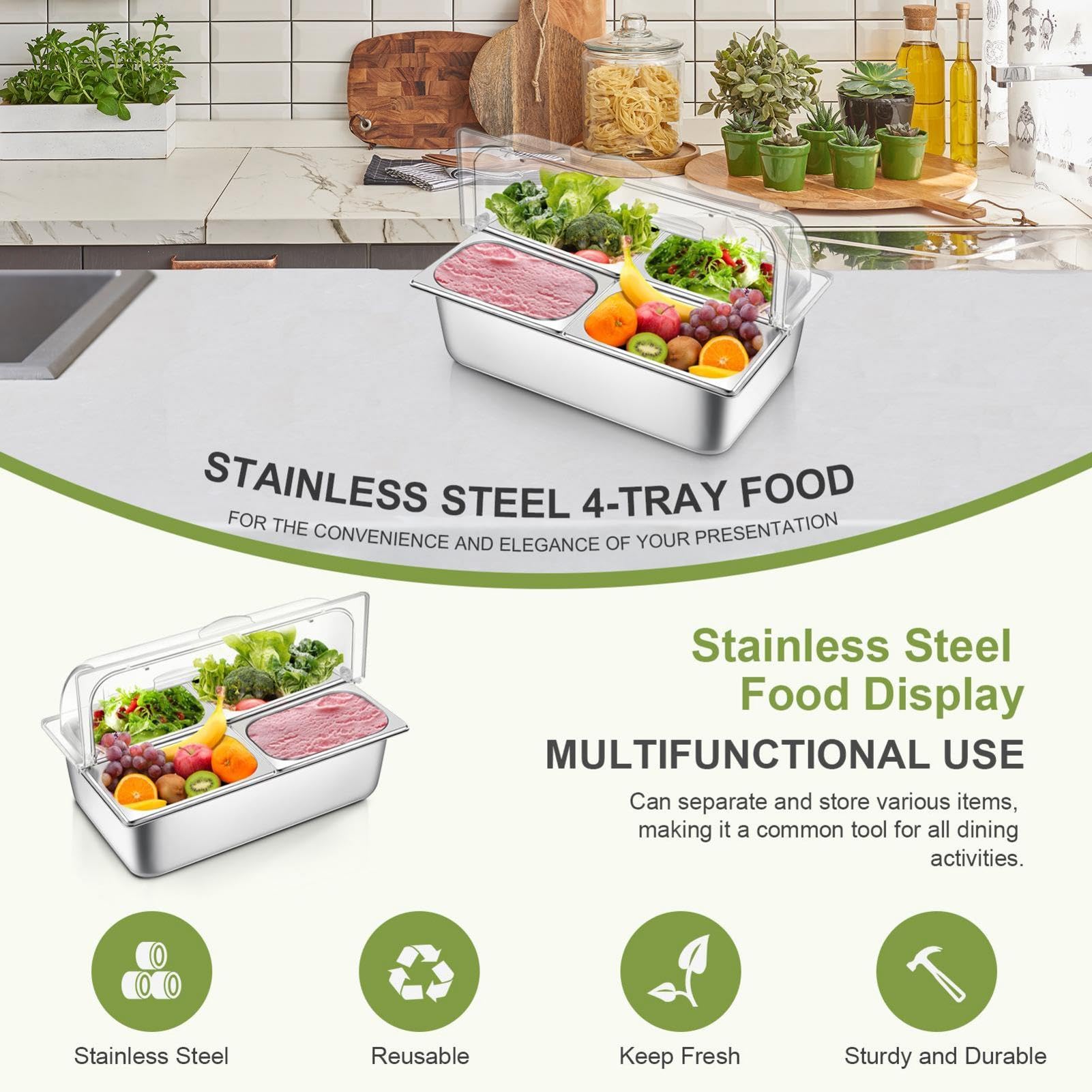 Bandeja de condimentos con Tapa, Bandeja de Servicio refrigerada con Tapa | Bandeja de servicio refrigerada de 4 cacerolas,Bandeja de frutas de acero inoxidable con tapa, bandeja de condimentos