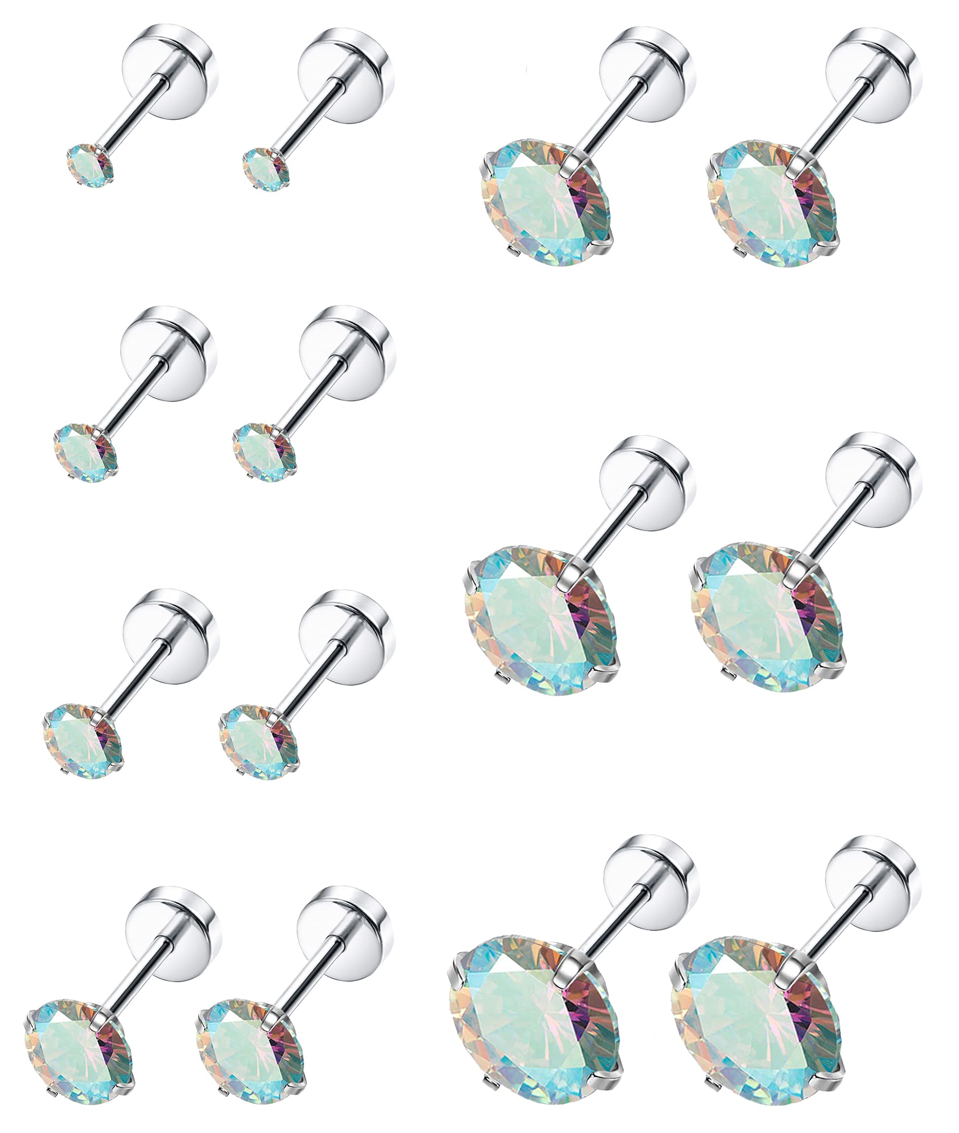 MJust7 Pairs Stainless Steel Earrings 20G Cartilage Earrings Stud Hypoallergenic Cubic Zirconia Barbell Earring Set Flatback Earrings for Women Men 2MM-8MM