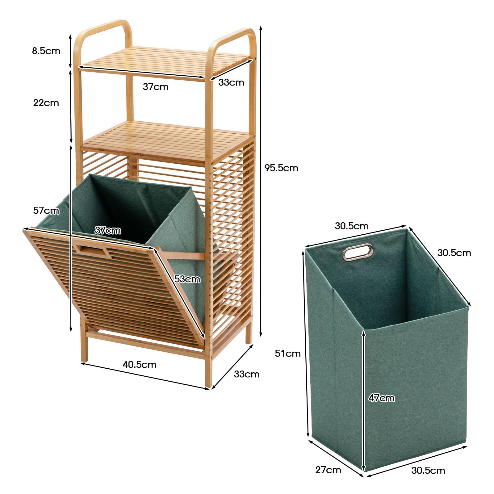 HOMASIS Grande mensola da bagno con 2 ripiani e cesto portabiancheria rimovibile, capacità 40,5 x 33 x 95,5 cm, capacità 40,5 x 33 x 95,5 cm