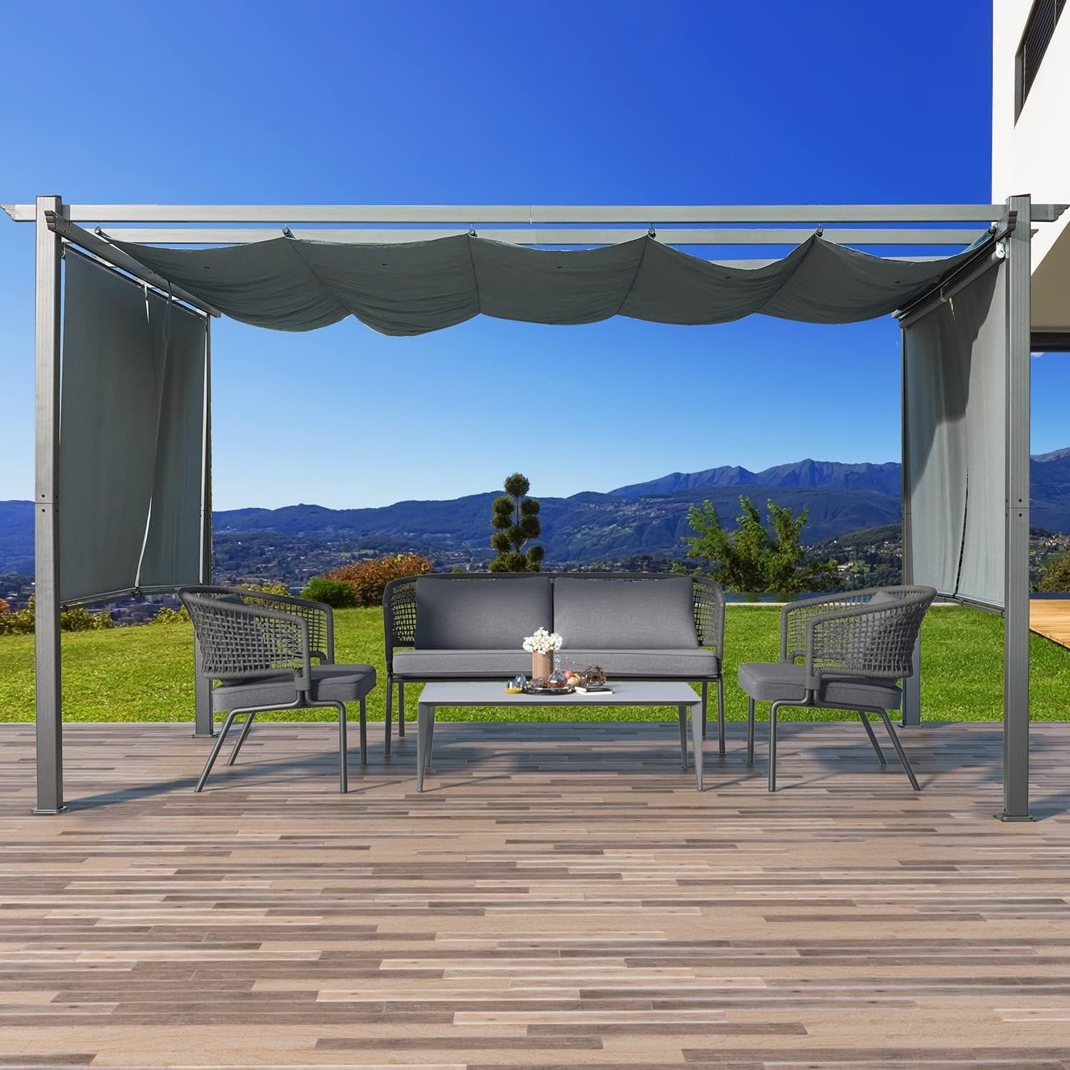 10' X 13' with Retractable Canopy Frame Patio Metal Shelter Sun Shade Grey