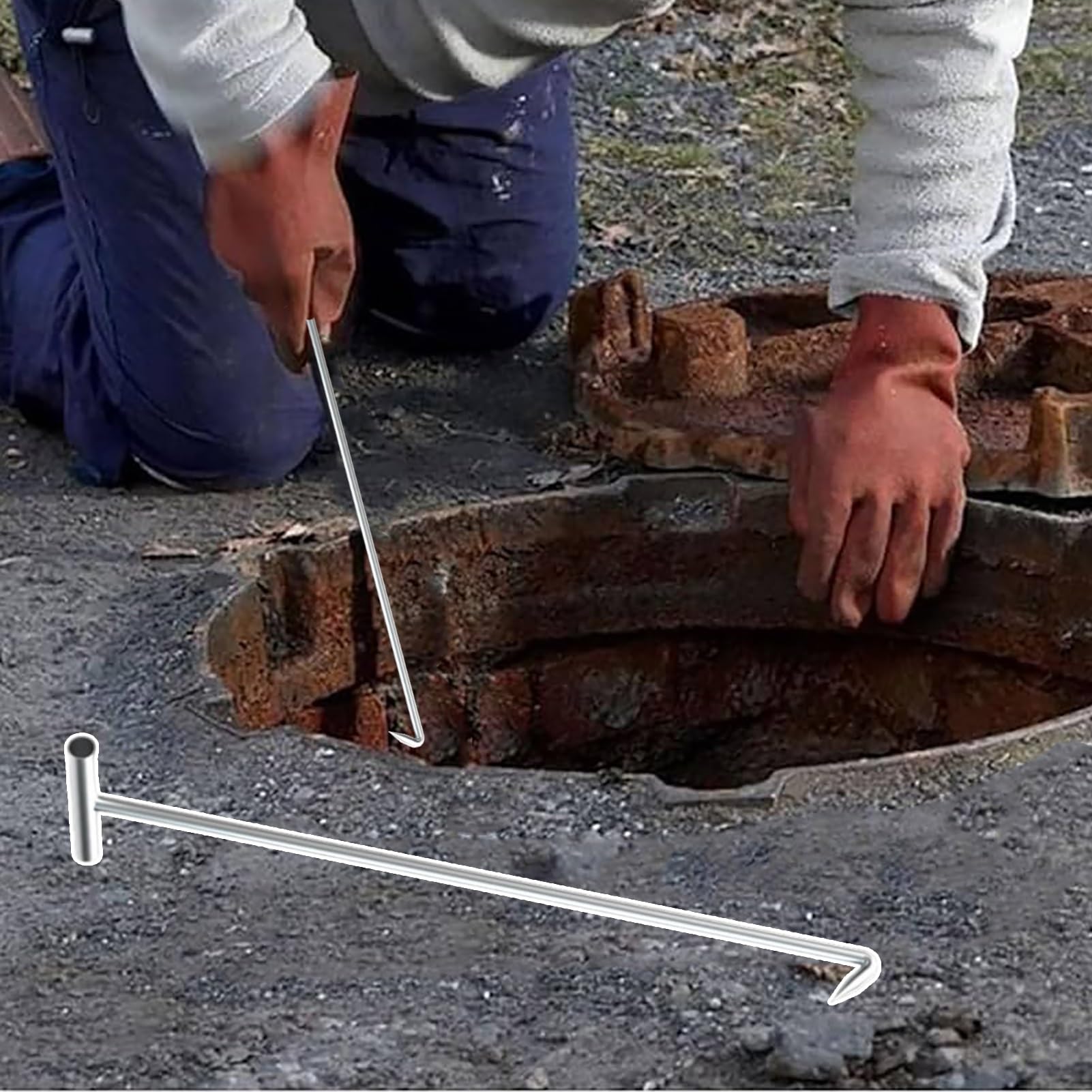 Gancio di Sollevamento per tombini Extra Lungo 120-250 cm, Gancio di trascinamento con Impugnatura a T per coperchi di fognature, coperchi di Pneumatici per laghetti, Lunghezza Regolabile da
